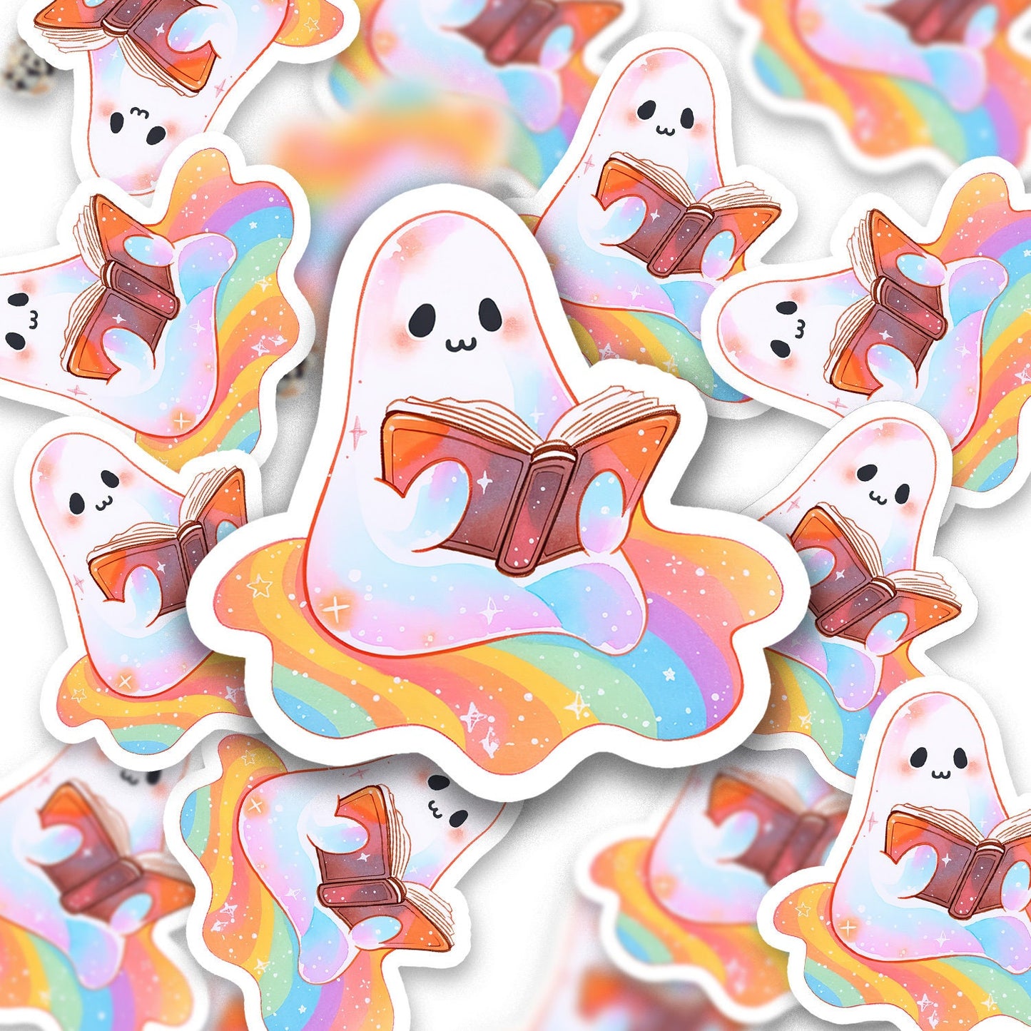 Ghost Reading Book Sticker: Spooky Retro Holographic Vinyl