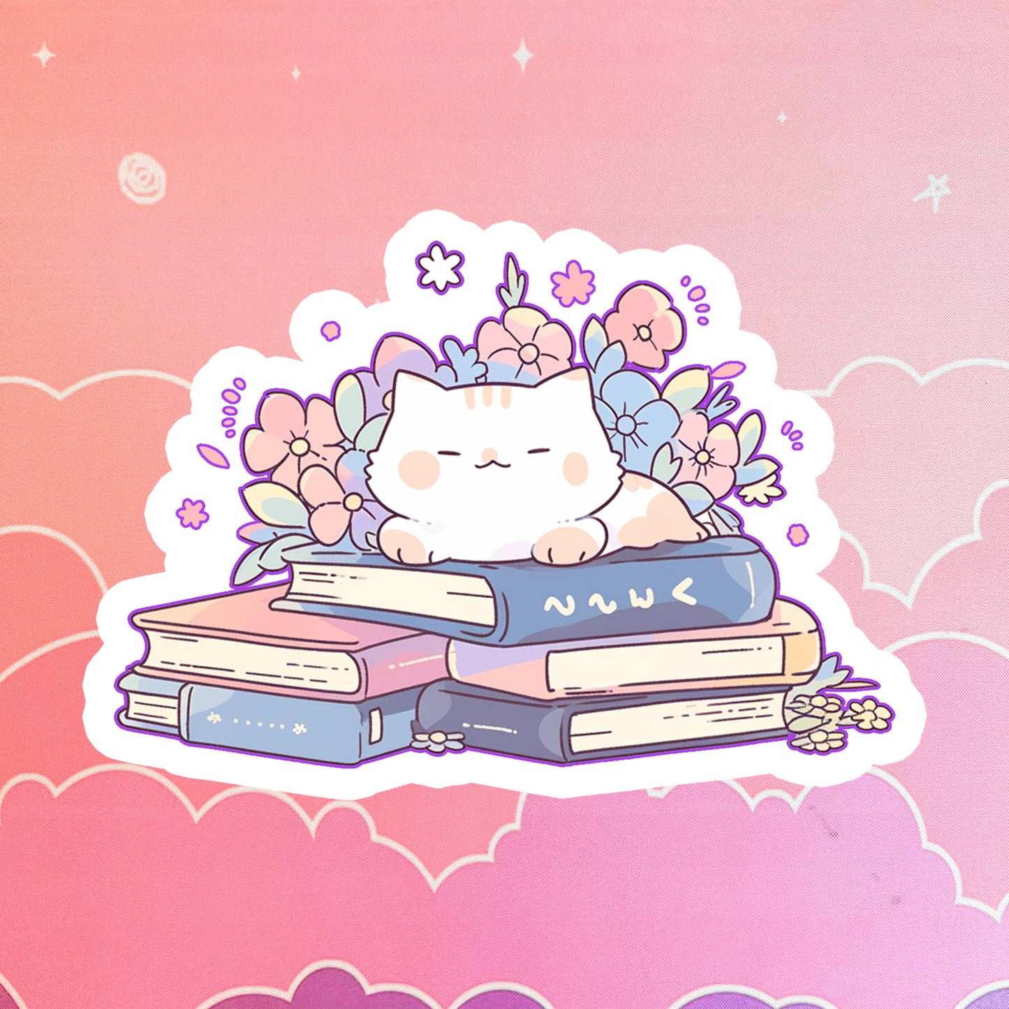 Cute Cat On Books Holographic Sticker, Laptop Stickers, Booktok Waterbottle, Kindle Stickers, Bookish, Hydroflask Kawaii Stickers