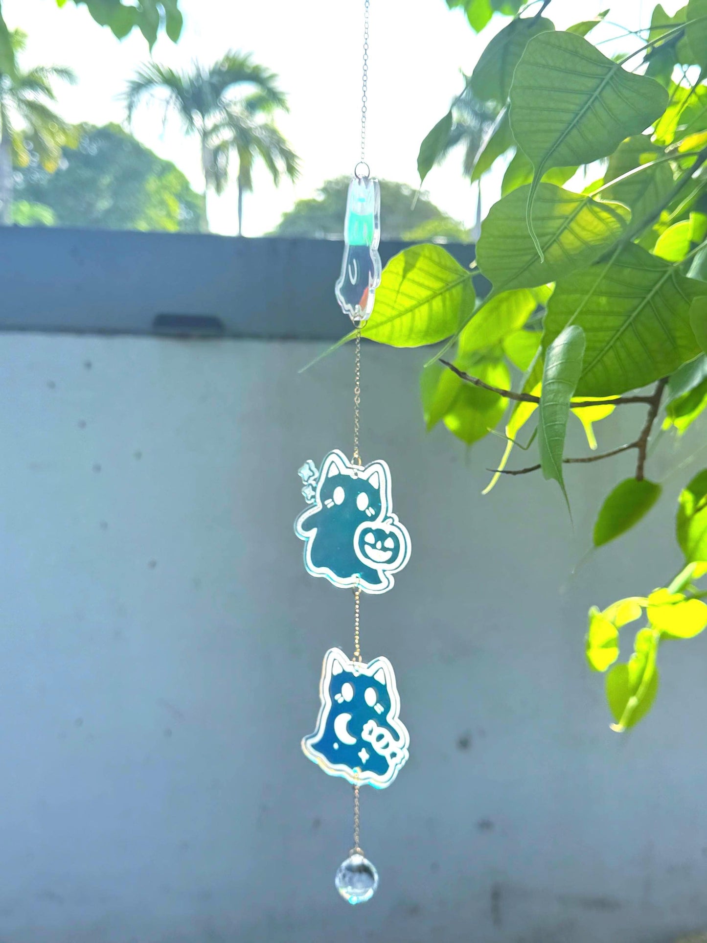 Iridescent Ghost Cat Sun Catcher: Witchy Halloween Window Charm
