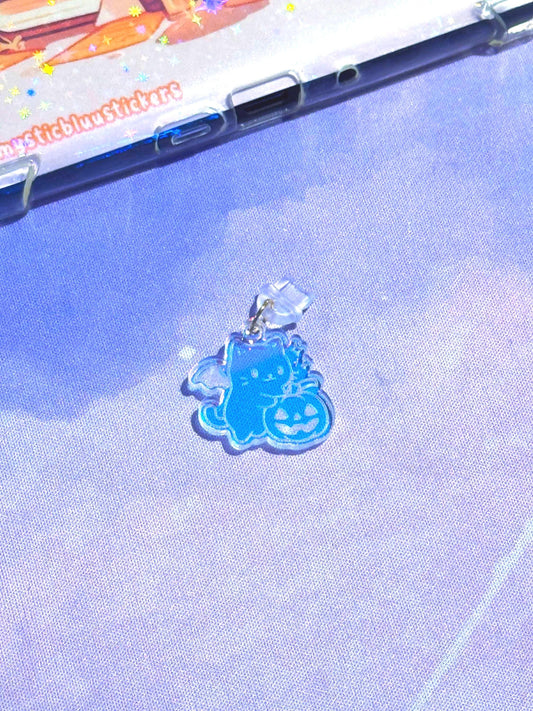 Iridescent Halloween Cat Pumpkin Charm: Spooky Kindle/Phone Dust Plug
