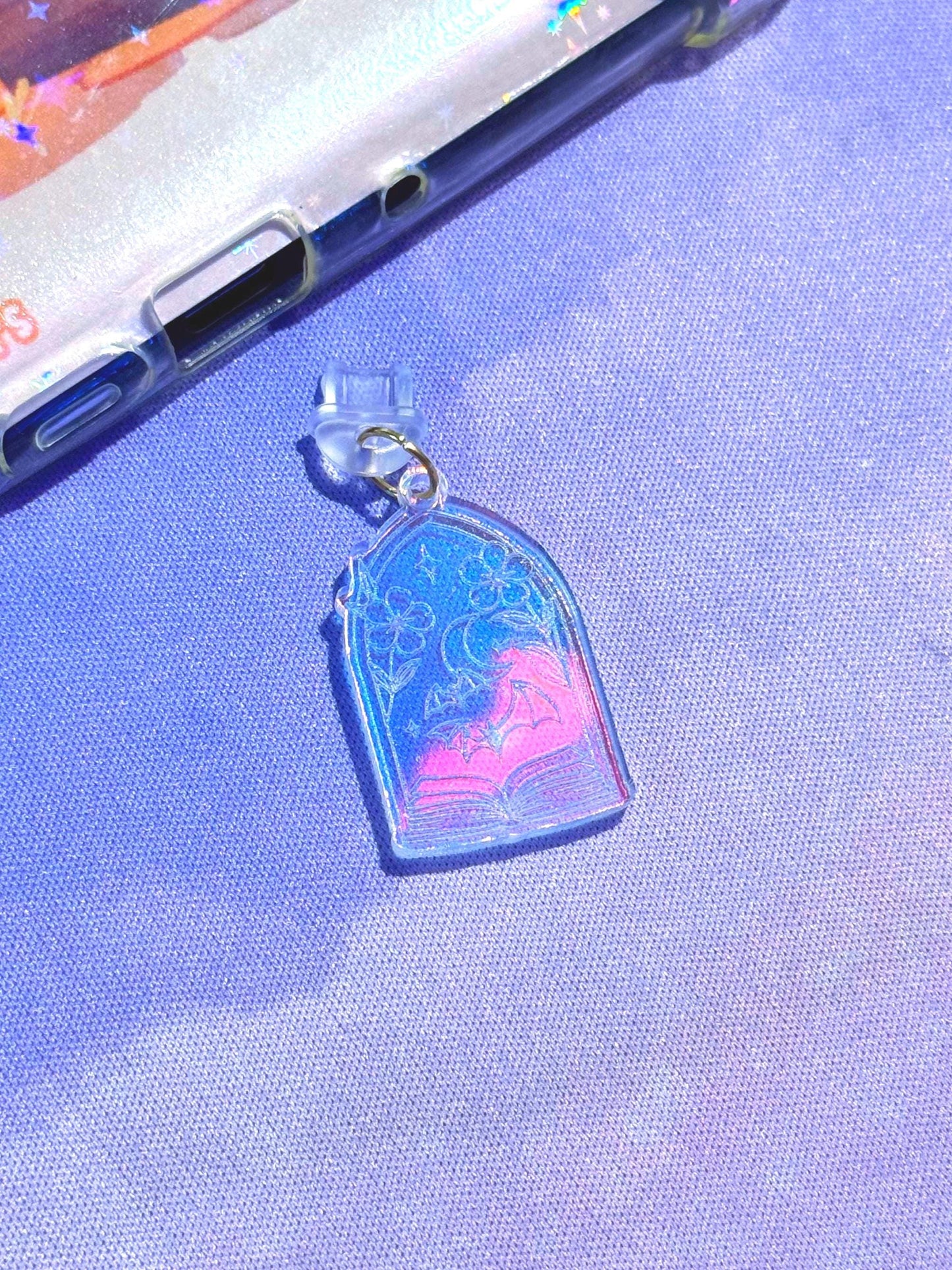 Iridescent Acrylic Book & Bat USB-C Charm: Kindle Decor