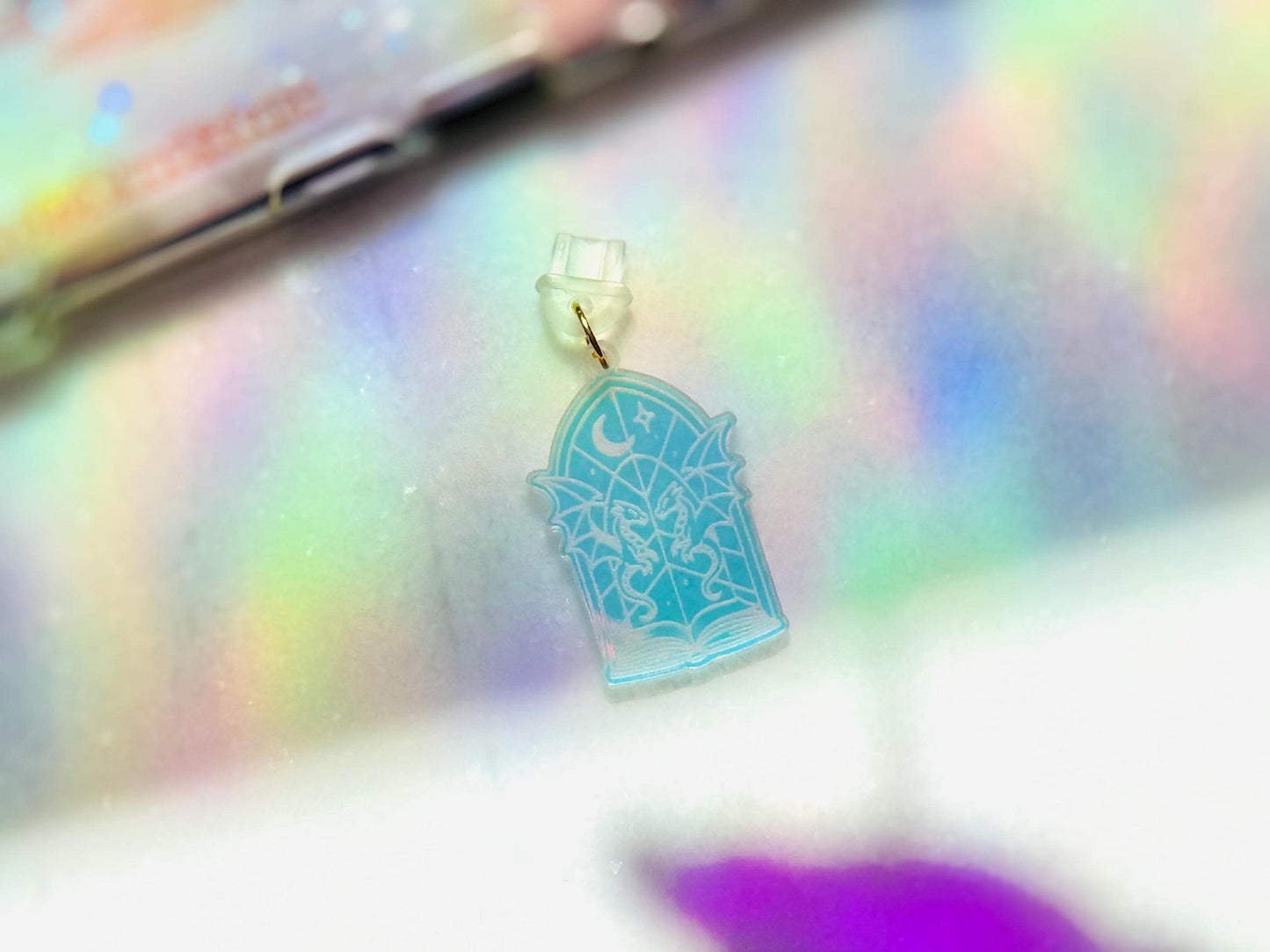 Iridescent Dragon Book Charm: Fantasy Kindle Accessory, USB-C Dust Plug