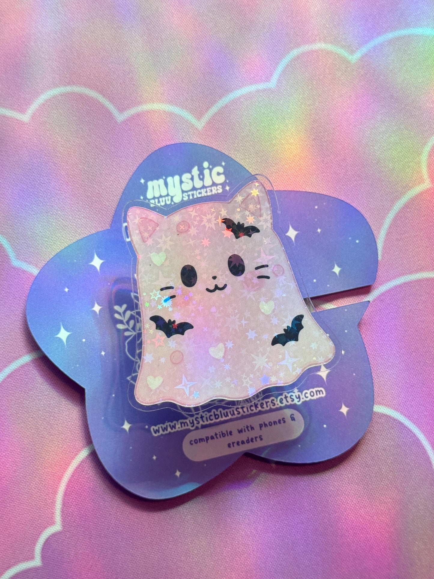 Ghost Cat Phone Grip with Magnetic Ring – Pink, Purple, Orange or White Kawaii Cat MagSafe Grip