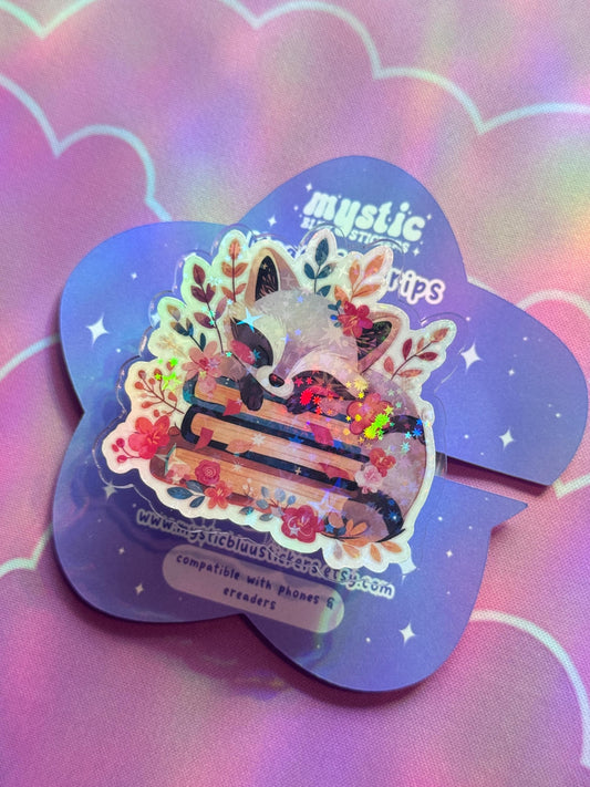 Cozy Stacked Books Raccoon Kindle Grip: Magsafe Phone, Tablet iPad Holder