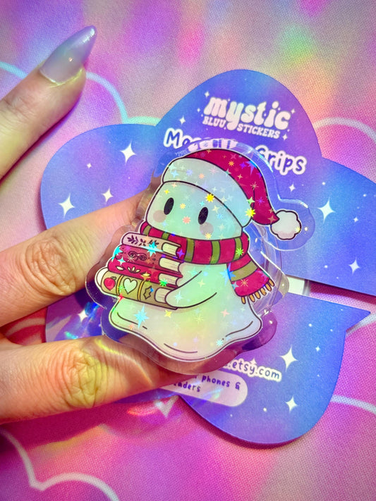 Christmas Ghost Kindle Grip – Cute Books, Holographic Sparkle Stand for Phones & E-Readers