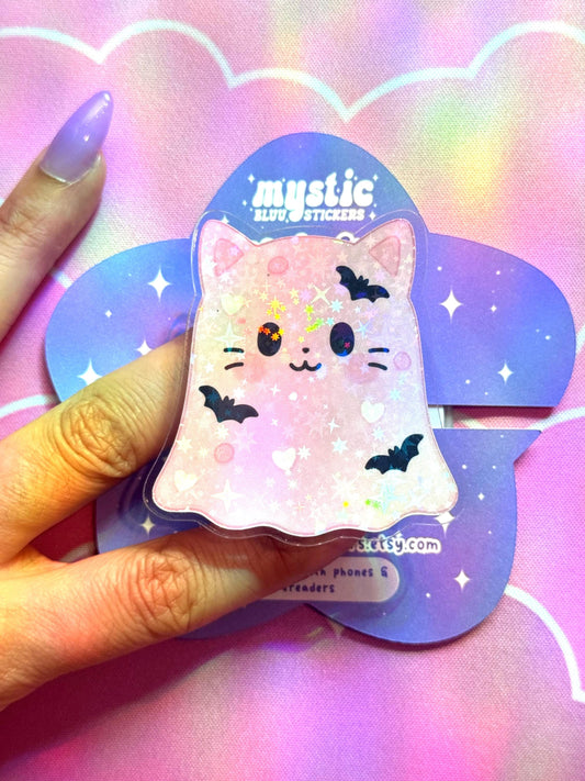 Ghost Cat Phone Grip with Magnetic Ring – Pink, Purple, Orange or White Kawaii Cat MagSafe Grip