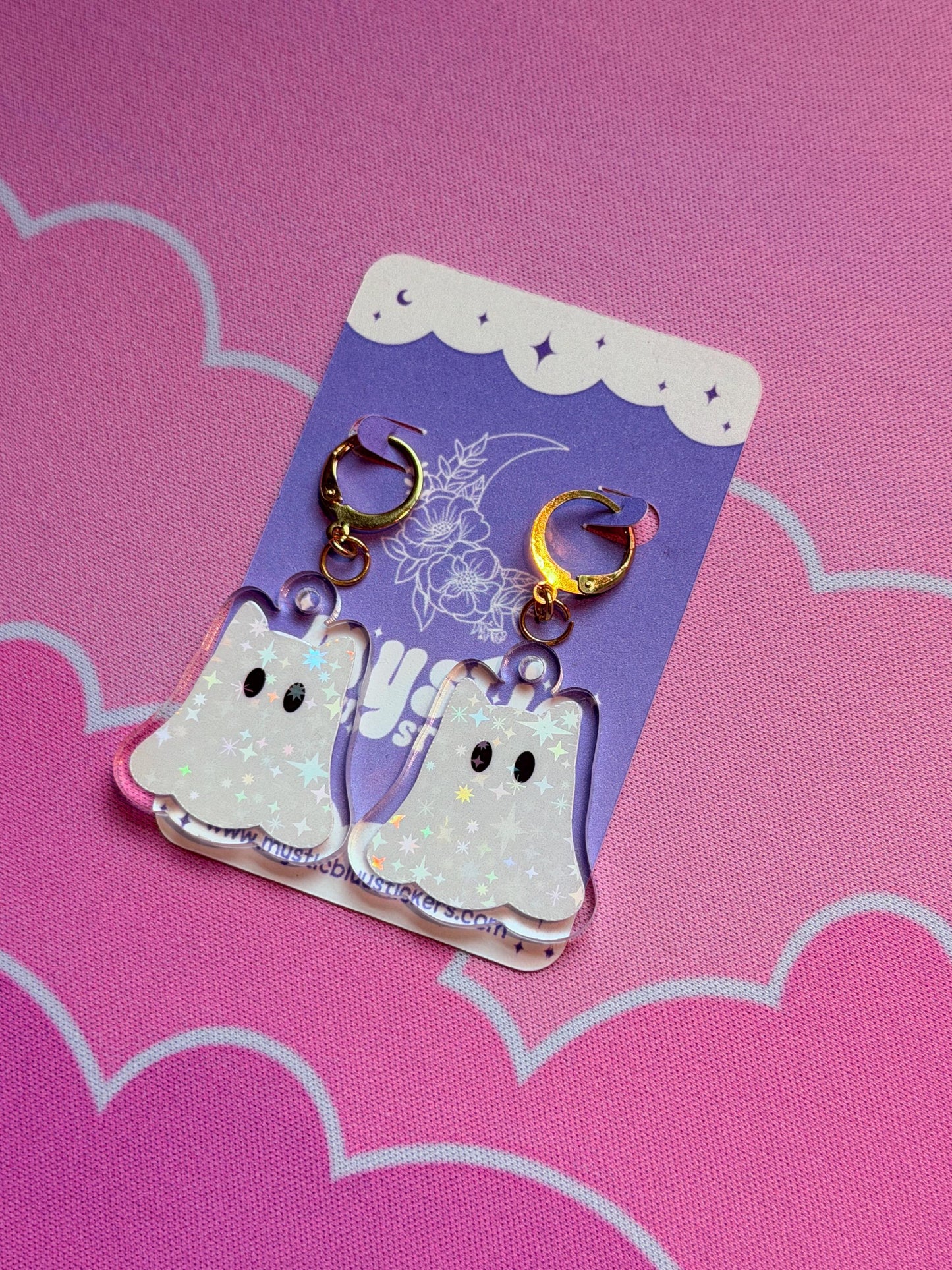 White Ghost Earrings: Iridescent Holographic Bat and Stars Dangle Hoop or Hook Style