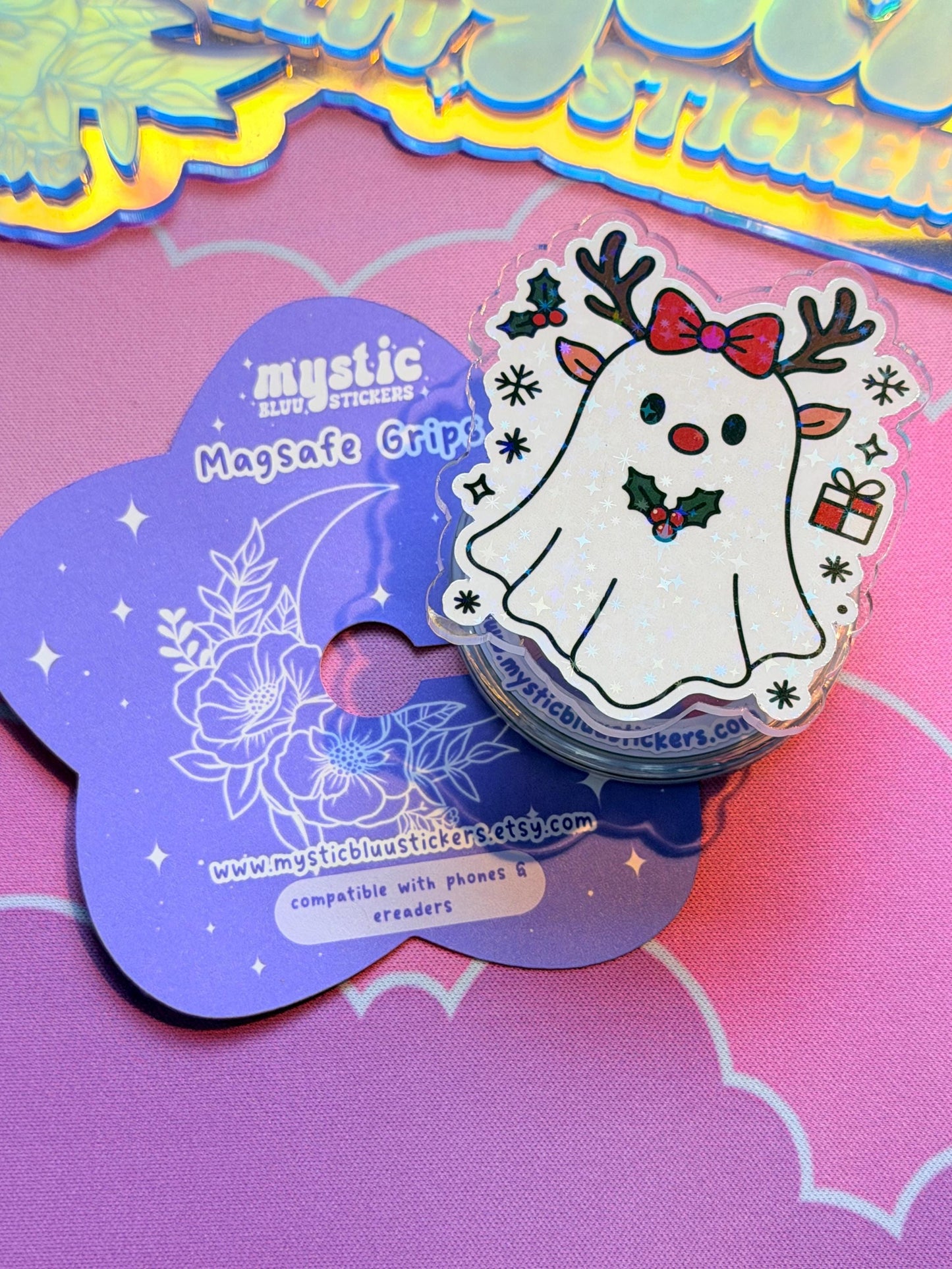 Christmas Ghost MagSafe Grip: Holographic Reindeer Bow Kindle Grip