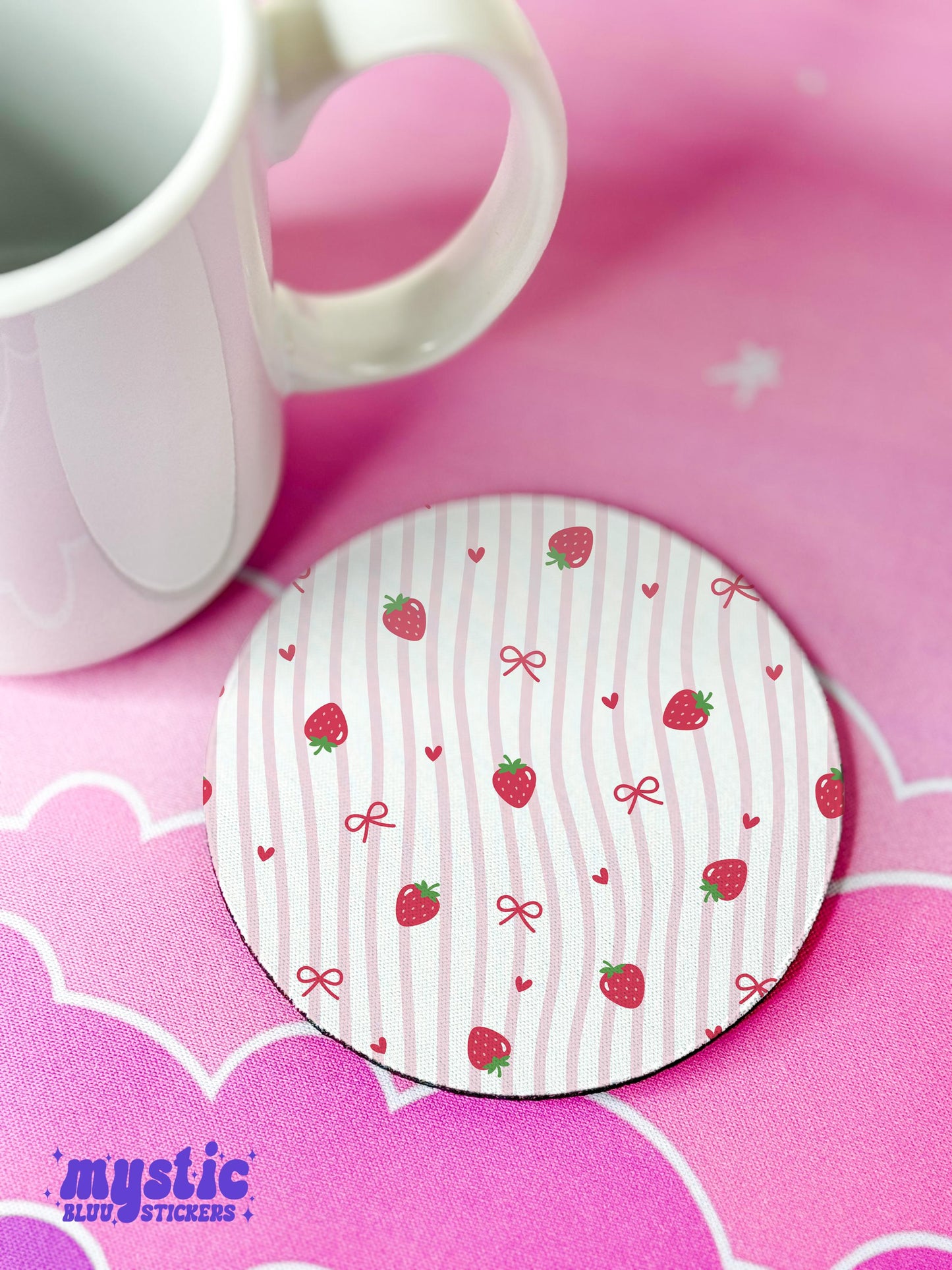 Strawberry Coquette Bow Fabric Coasters: Kawaii Desk Decor, Set of 4