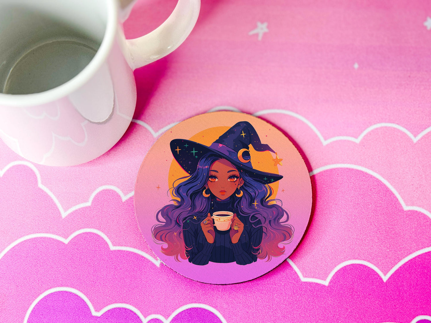 Witch Fabric Coaster Set of 4 Round Drink Coasters Non Slip Desk Bar Home