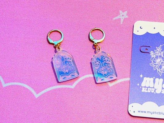 Fantasy Book Earrings: Acrylic Iridescent Bats Dangle Hoop or Hook Style