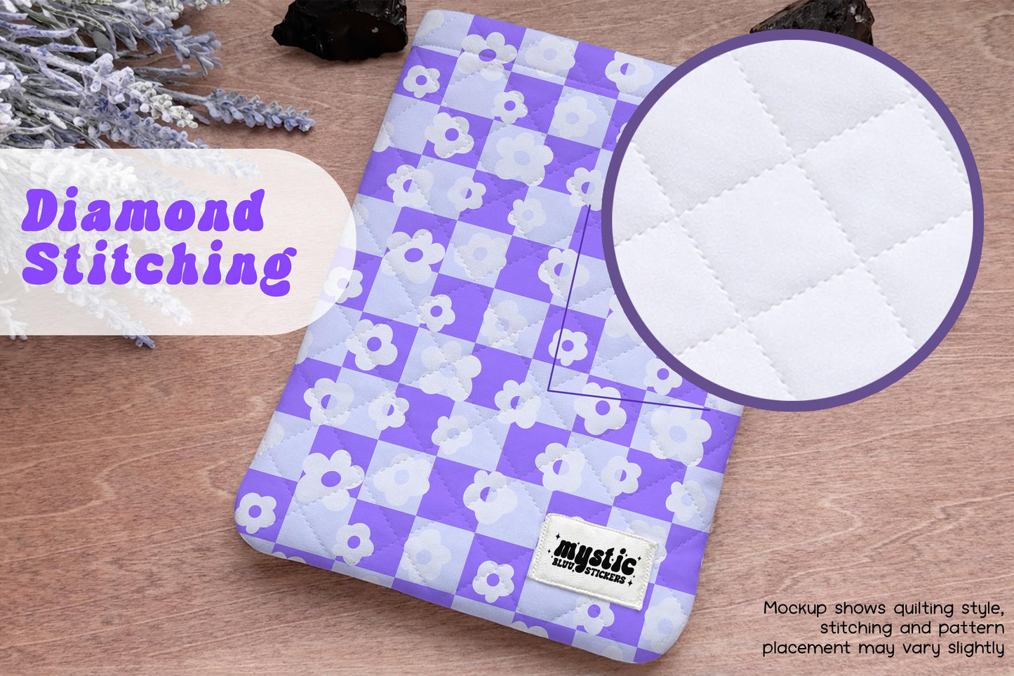 Purple Checkered Kindle Sleeve - Daisy Floral Padded E-Reader & iPad Mini Case