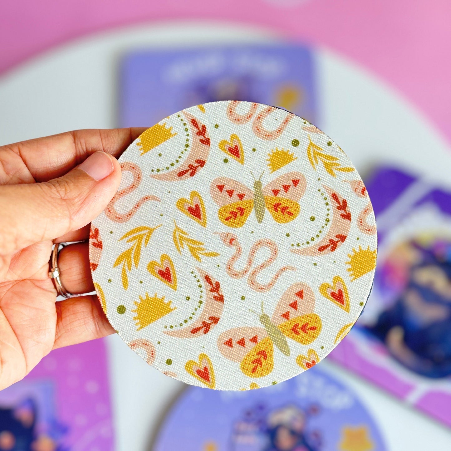 Set of 4 Round Cup Coasters - Cute Boho Mystic - Modern Retro Cocktail Drink Bar Coasters Aesthetics Non Slip Rubber