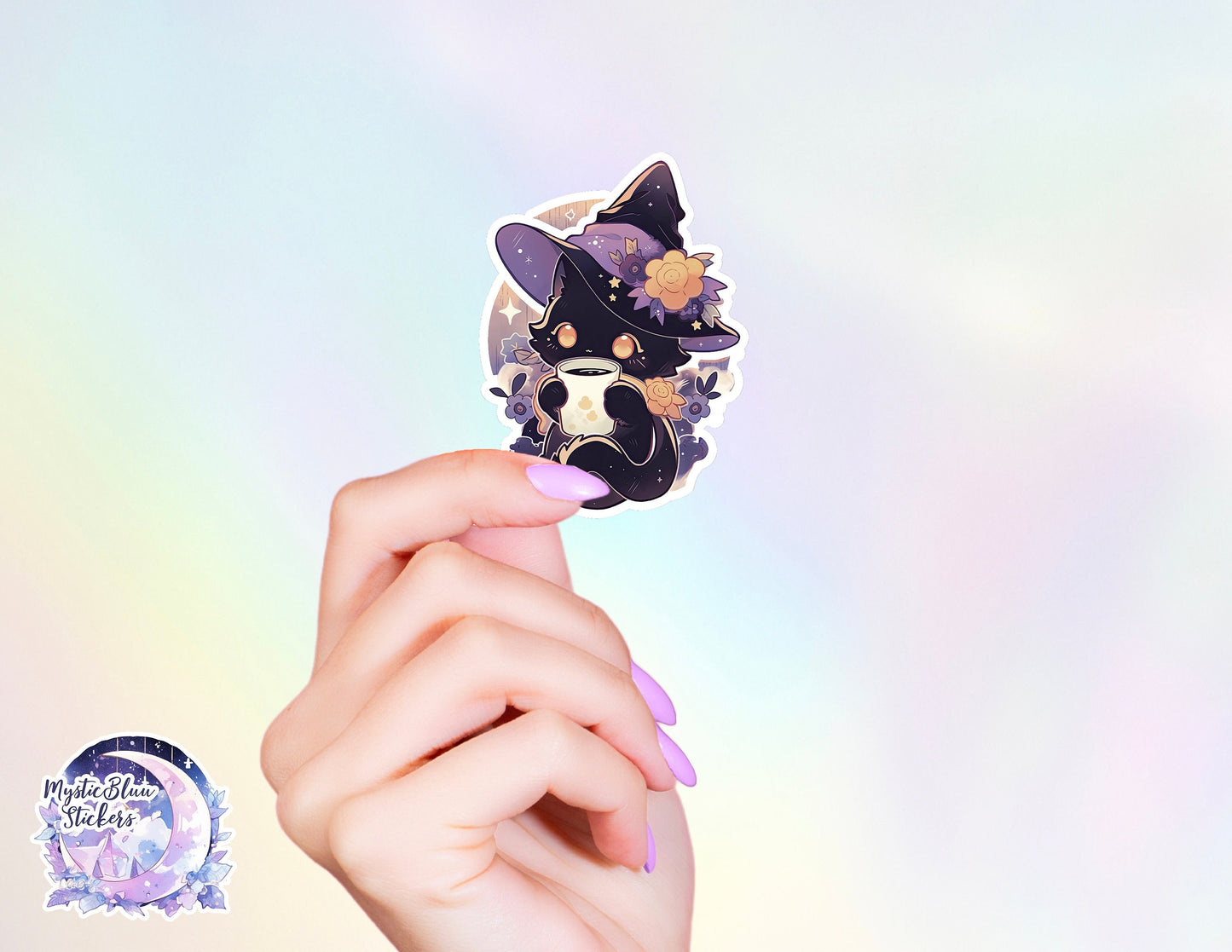 Witchy Coffee Cat Holographic Sticker