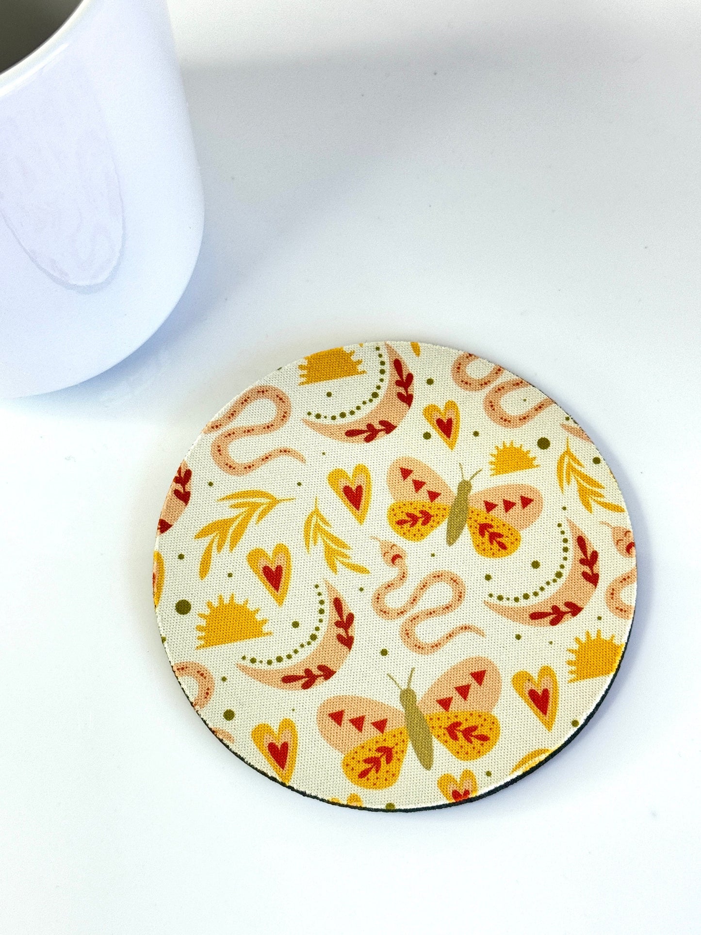 Set of 4 Round Cup Coasters - Cute Boho Mystic - Modern Retro Cocktail Drink Bar Coasters Aesthetics Non Slip Rubber