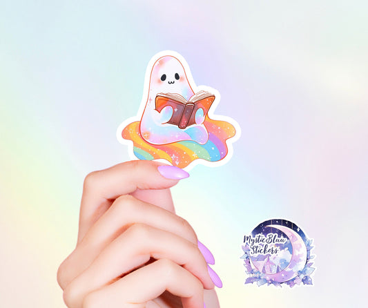 Ghost Reading Book Sticker: Spooky Retro Holographic Vinyl