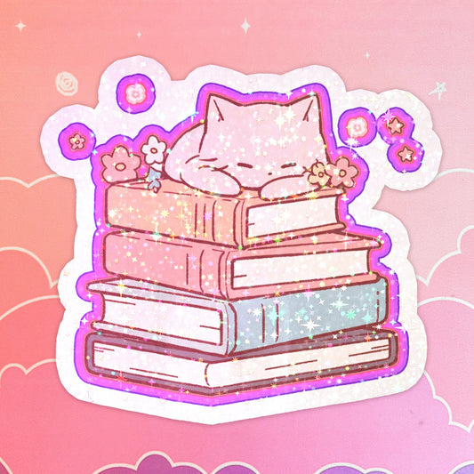 Cute Books Cat Holographic Sticker, Dark Romance, Booktok Waterbottle, Kindle Cover, Bookish, Hydroflask