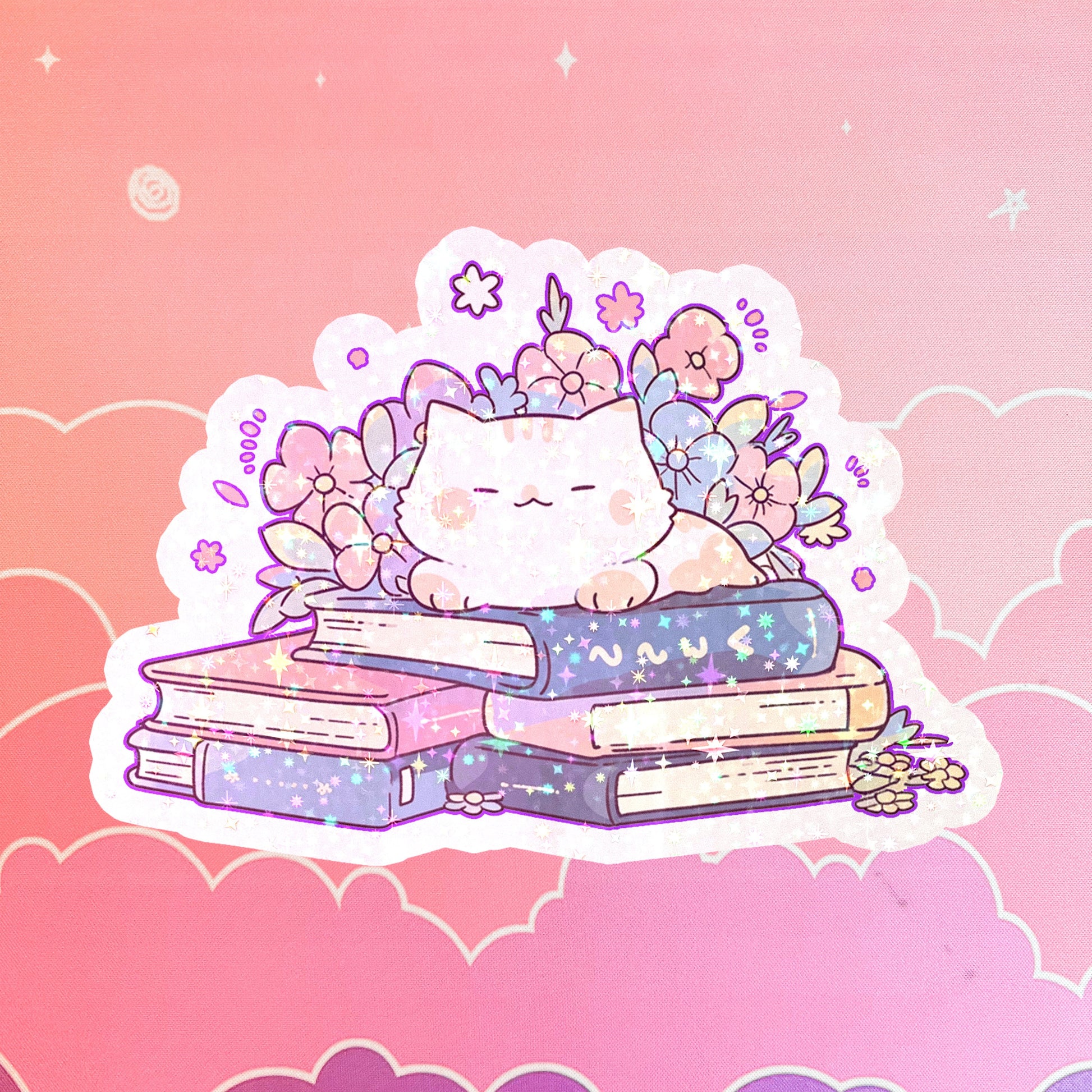 Cute Cat On Books Holographic Sticker, Laptop Stickers, Booktok Waterbottle, Kindle Stickers, Bookish, Hydroflask Kawaii Stickers