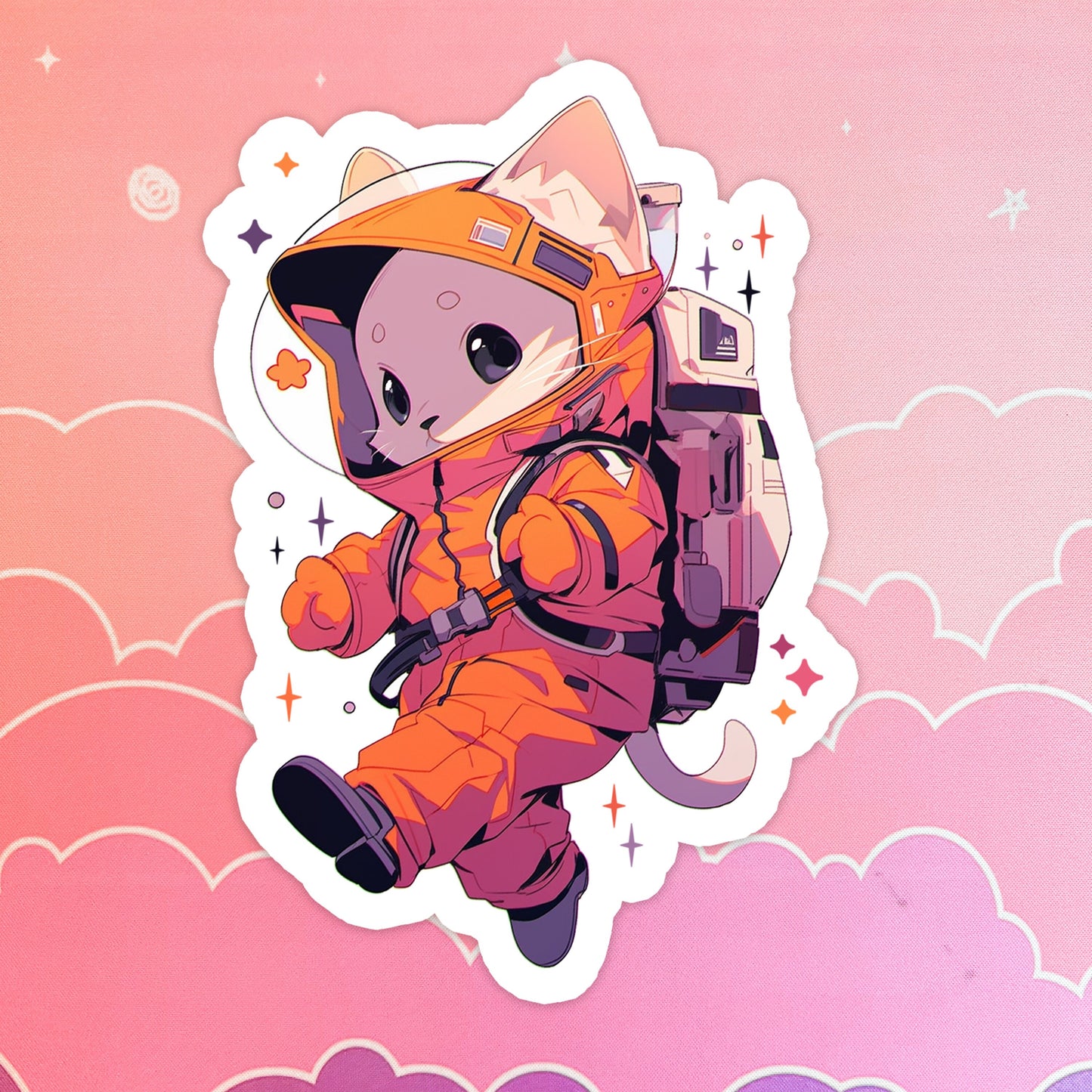 Holographic Space Cat Sticker: Orange Astronaut, Waterproof Vinyl