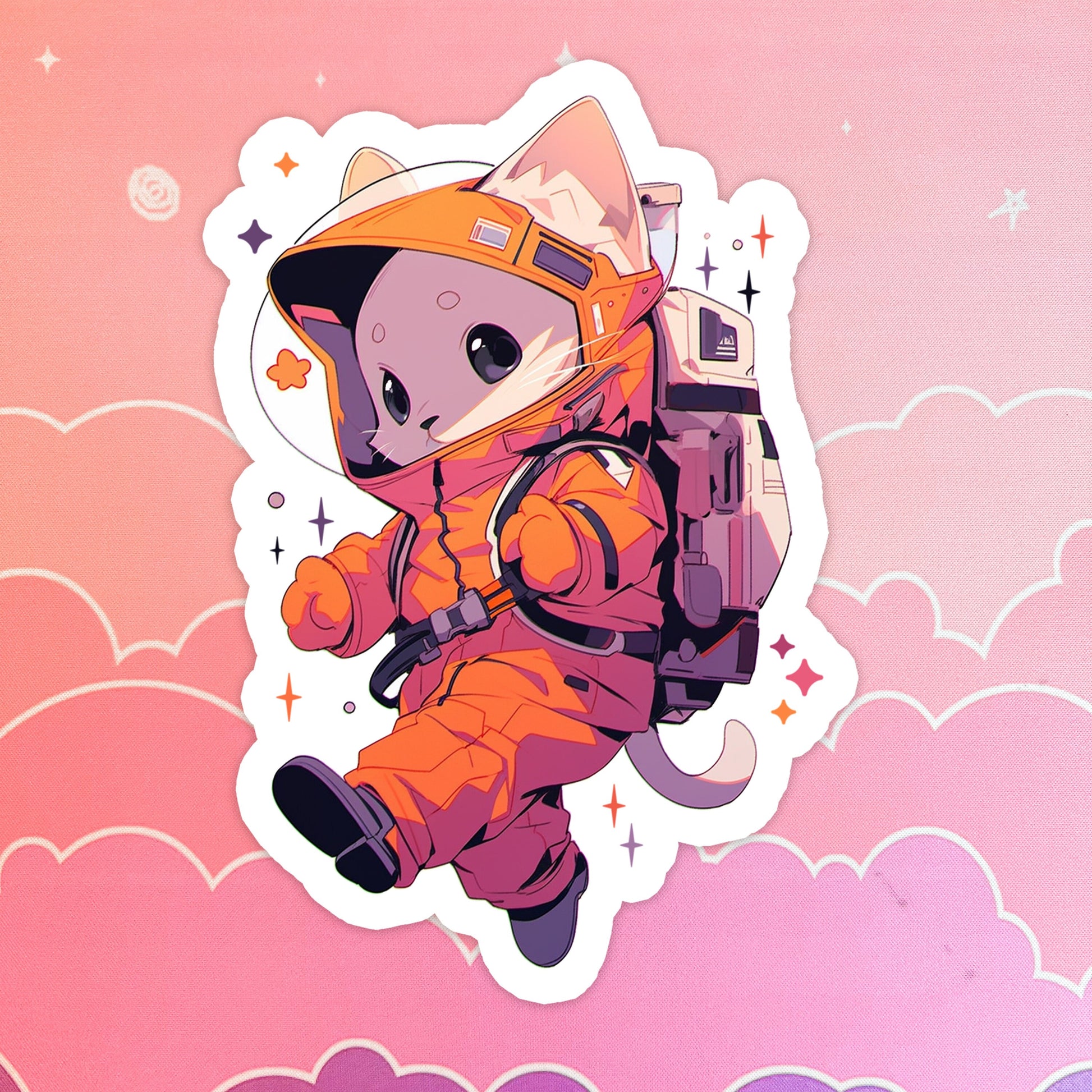 Holographic Space Cat Sticker: Orange Astronaut, Waterproof Vinyl
