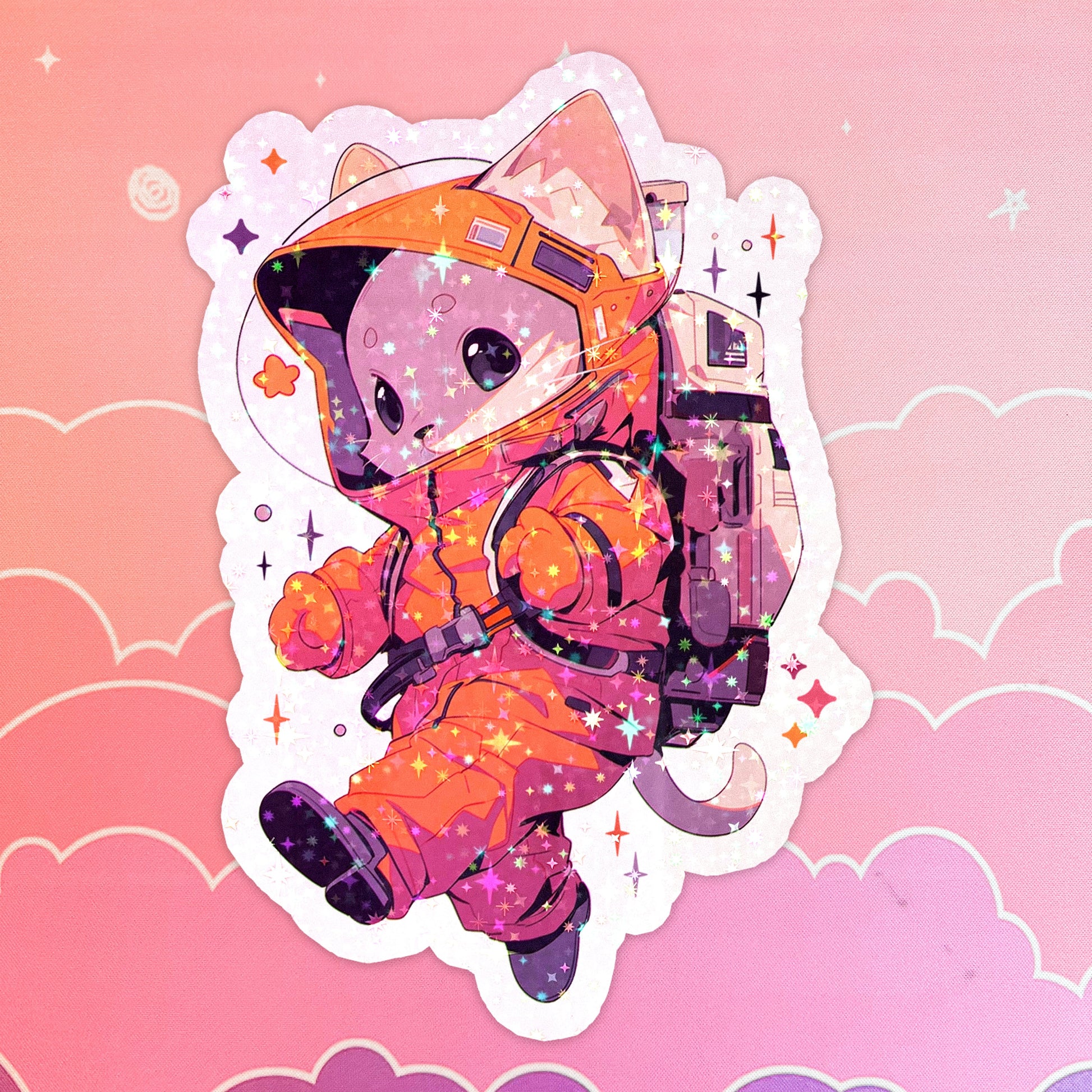 Holographic Space Cat Sticker: Orange Astronaut, Waterproof Vinyl