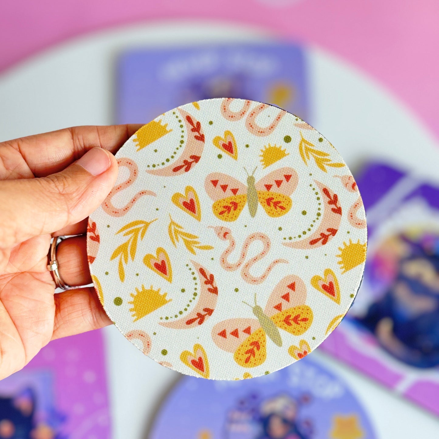 Set of 4 Round Cup Coasters - Cute Boho Mystic - Modern Retro Cocktail Drink Bar Coasters Aesthetics Non Slip Rubber