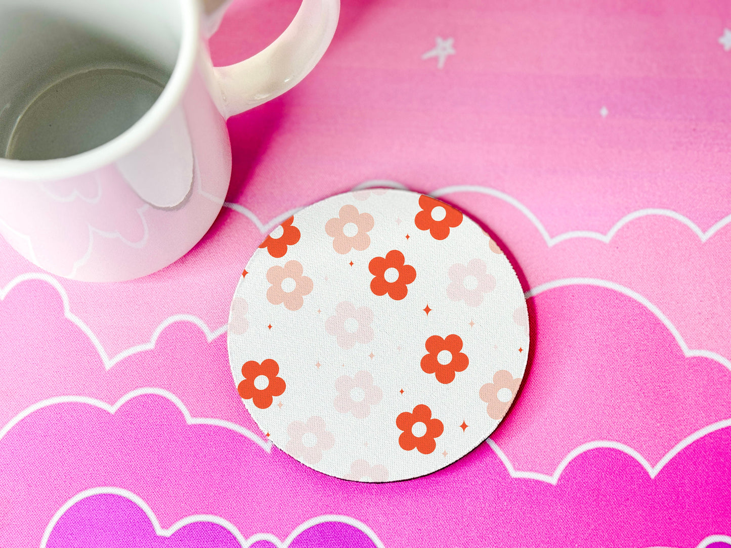 Cute Cup Coasters For Drinks, Set of 4 Round, Retro Flowers - Modern Cocktail Drink Bar Coasters Aesthetics Non Slip Rubber