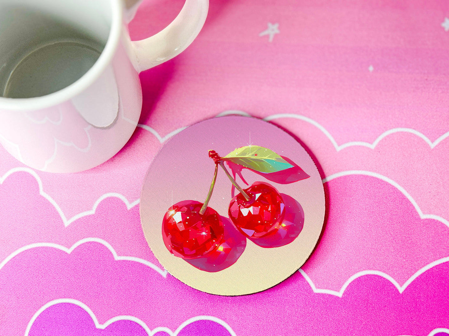Cherry Rubber Drink Coasters, Kawaii Pastel Bar Decor, Set of 4