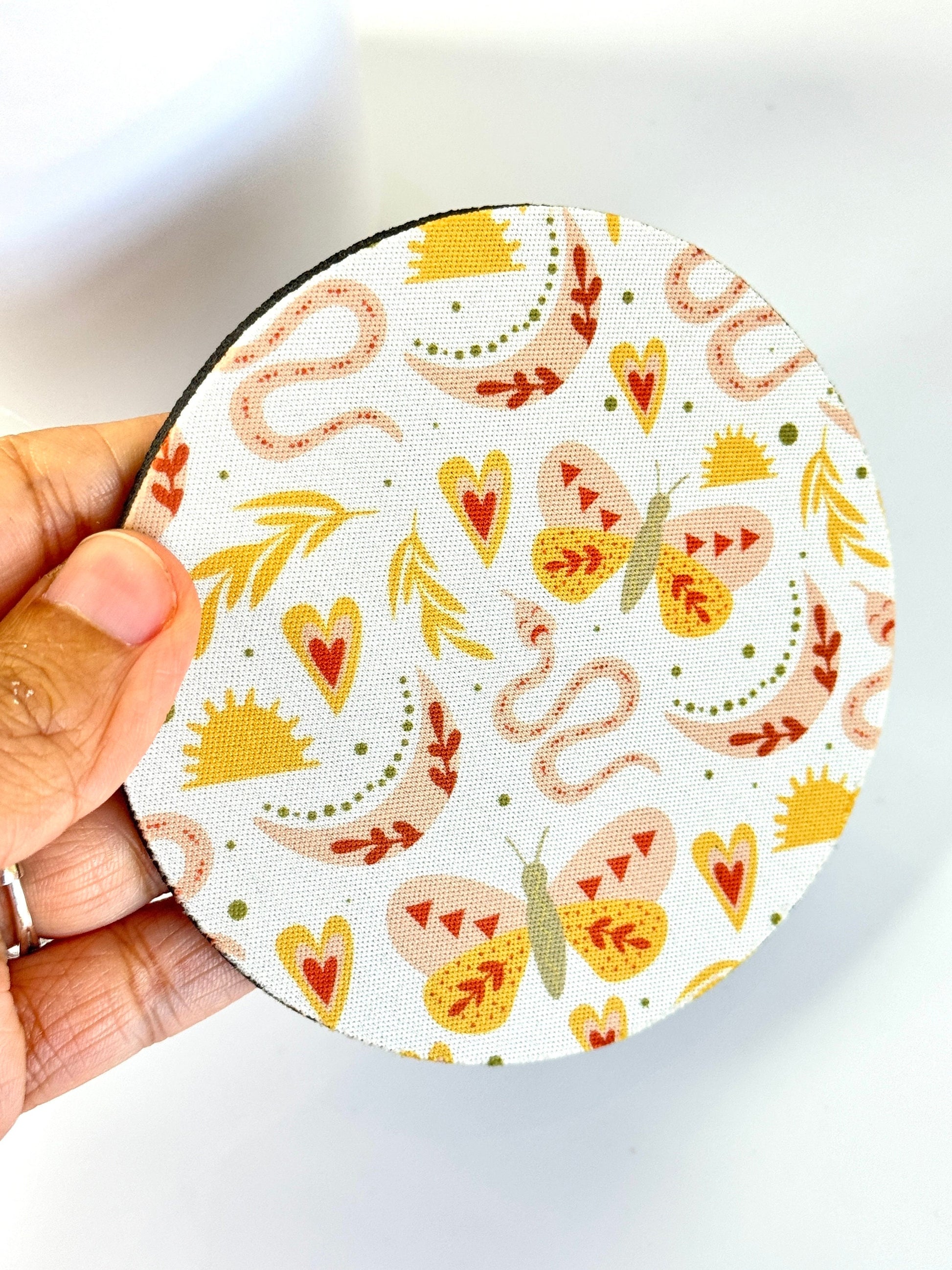 Set of 4 Round Cup Coasters - Cute Boho Mystic - Modern Retro Cocktail Drink Bar Coasters Aesthetics Non Slip Rubber