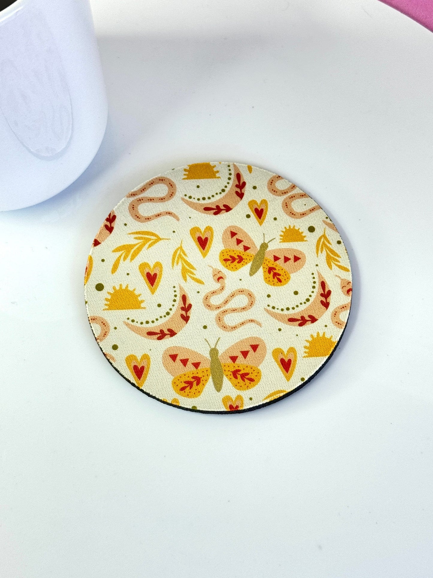 Set of 4 Round Cup Coasters - Cute Boho Mystic - Modern Retro Cocktail Drink Bar Coasters Aesthetics Non Slip Rubber