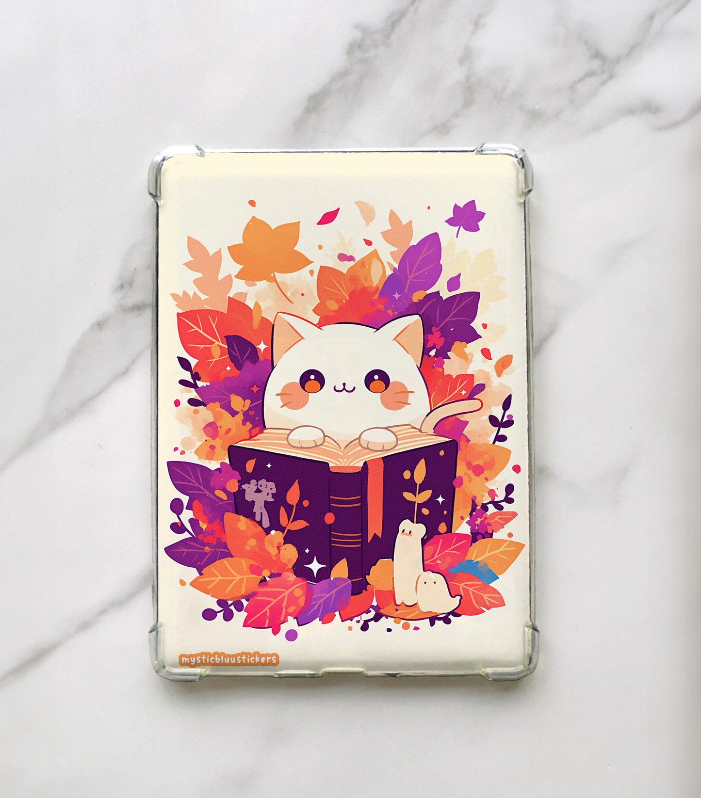 Cat Reading Kindle Insert: Fall Leaves E-reader Art
