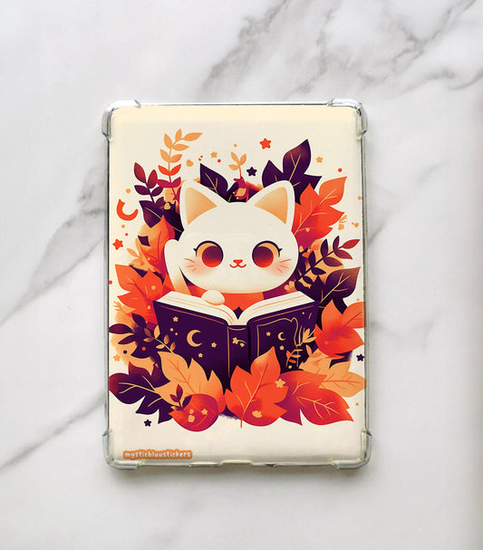 Cat Reading Kindle Insert: Fall Leaves E-reader Art