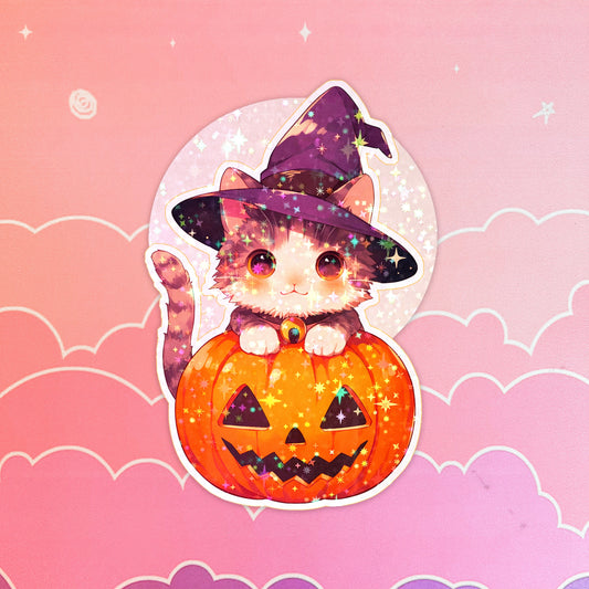 Pumpkin Cat Holographic Sticker: Waterproof Vinyl Laptop Decor