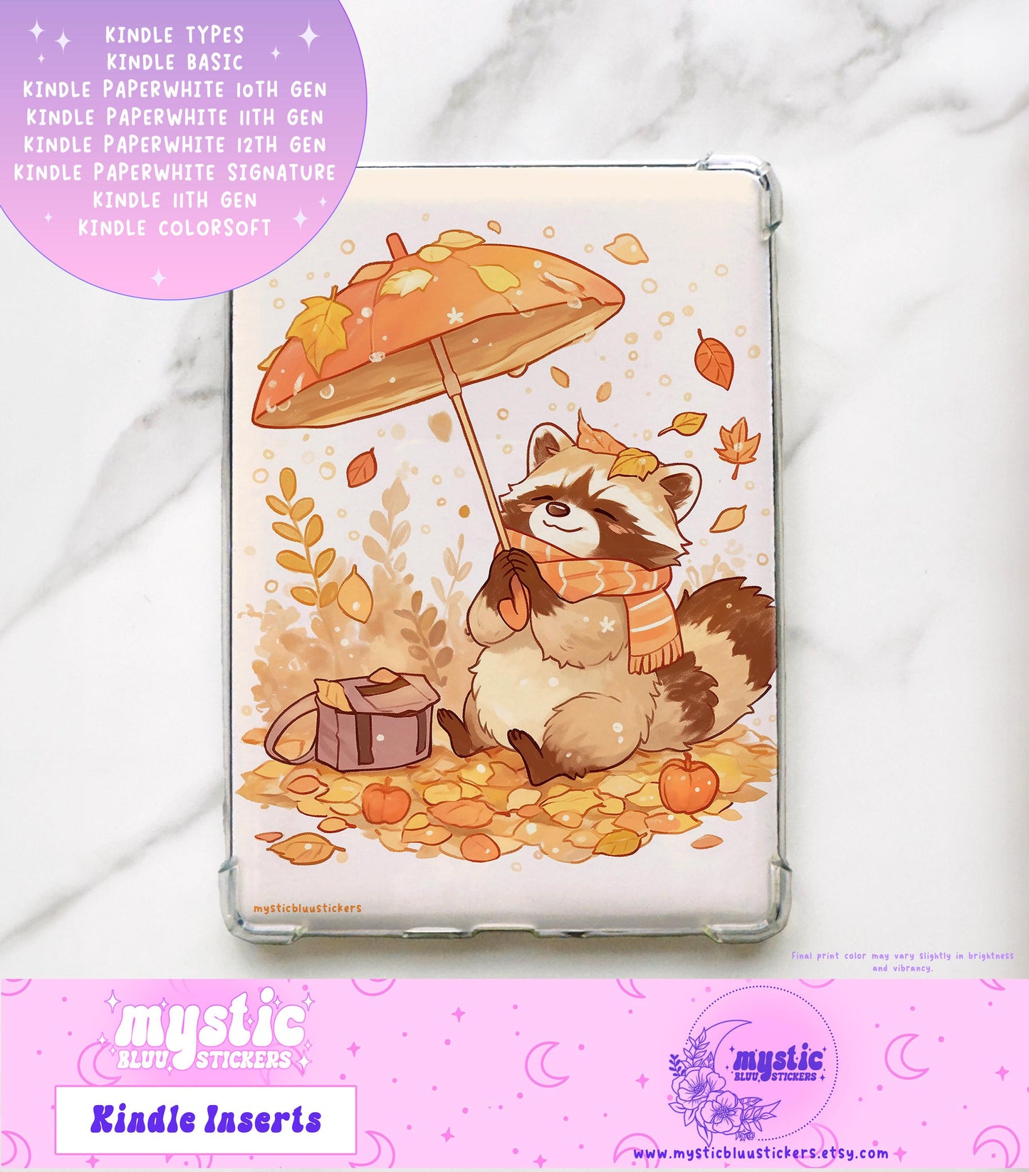 Autumn Raccoon Kindle Paperwhite Insert: Holographic Cardstock, Bookish Gift