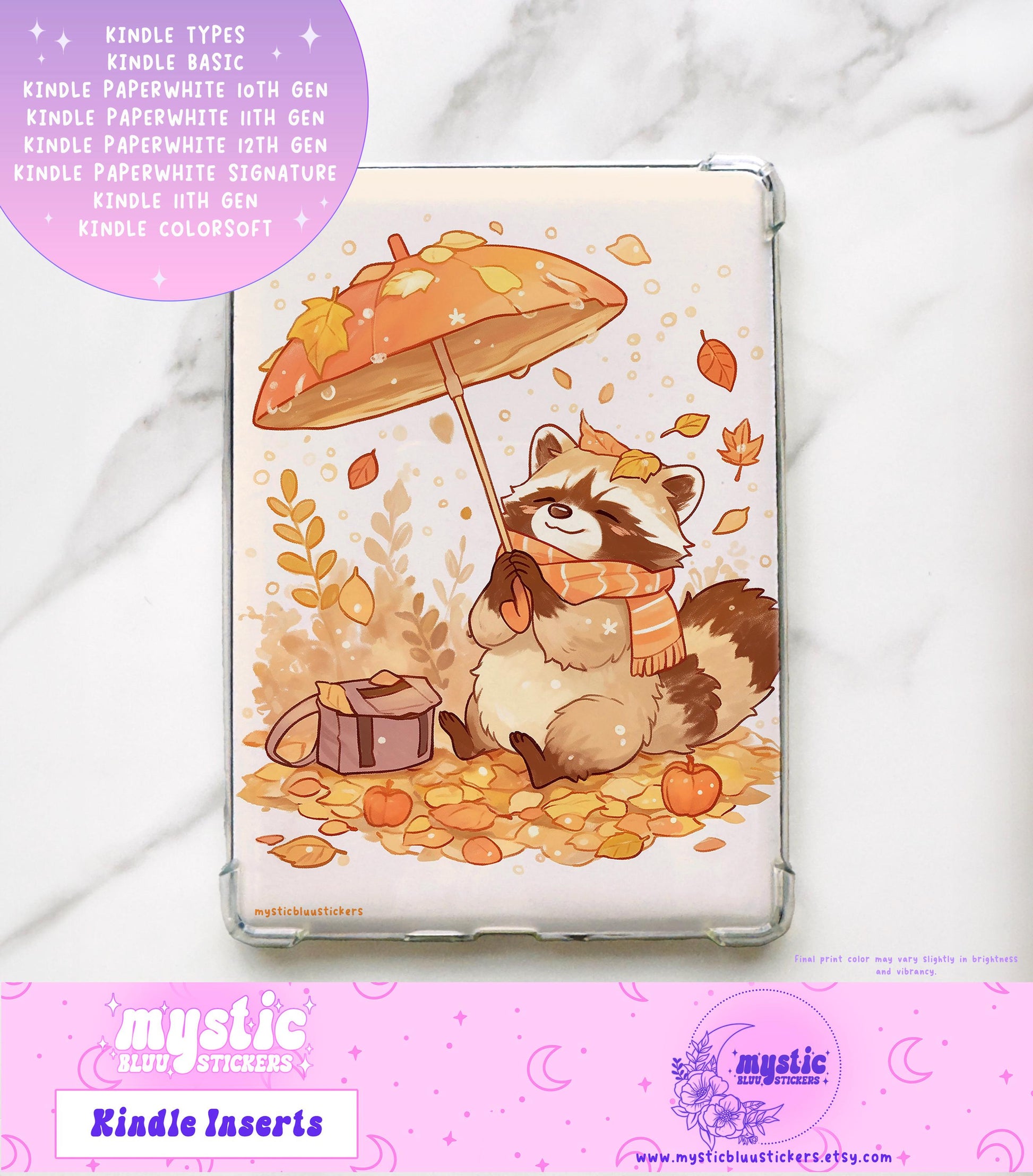 Autumn Raccoon Kindle Paperwhite Insert: Holographic Cardstock, Bookish Gift