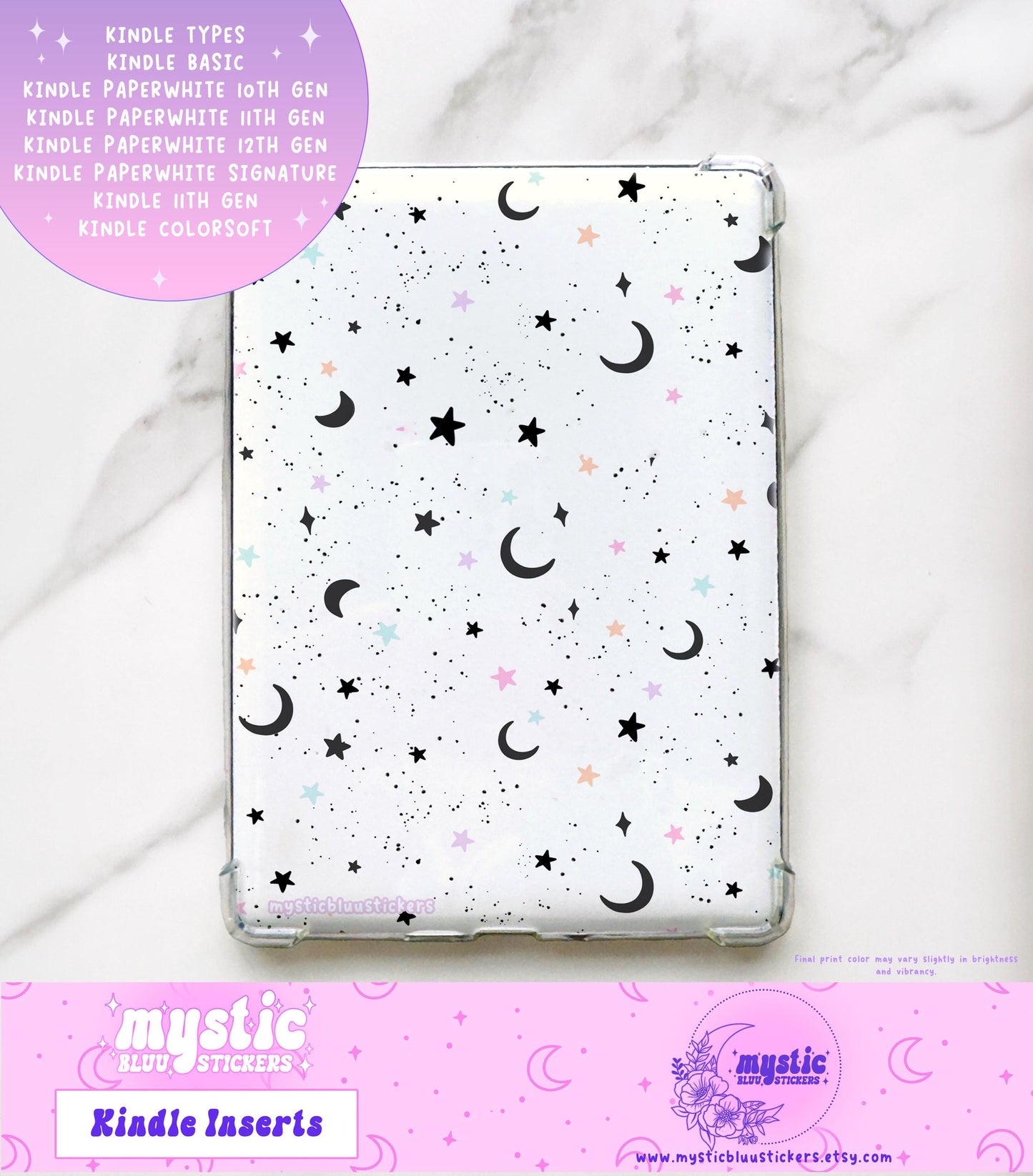 Kawaii Moon & Stars Kindle Insert: Holographic Cardstock, Paperwhite Accessory