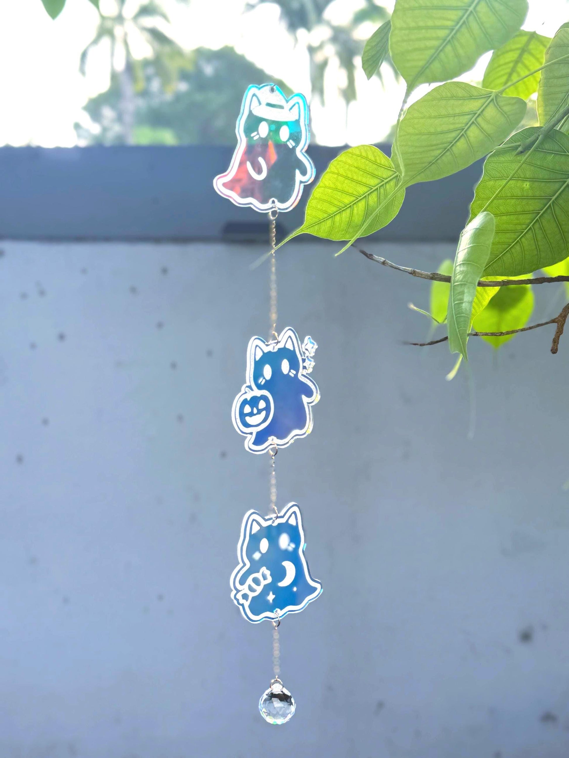 Iridescent Ghost Cat Sun Catcher: Witchy Halloween Window Charm