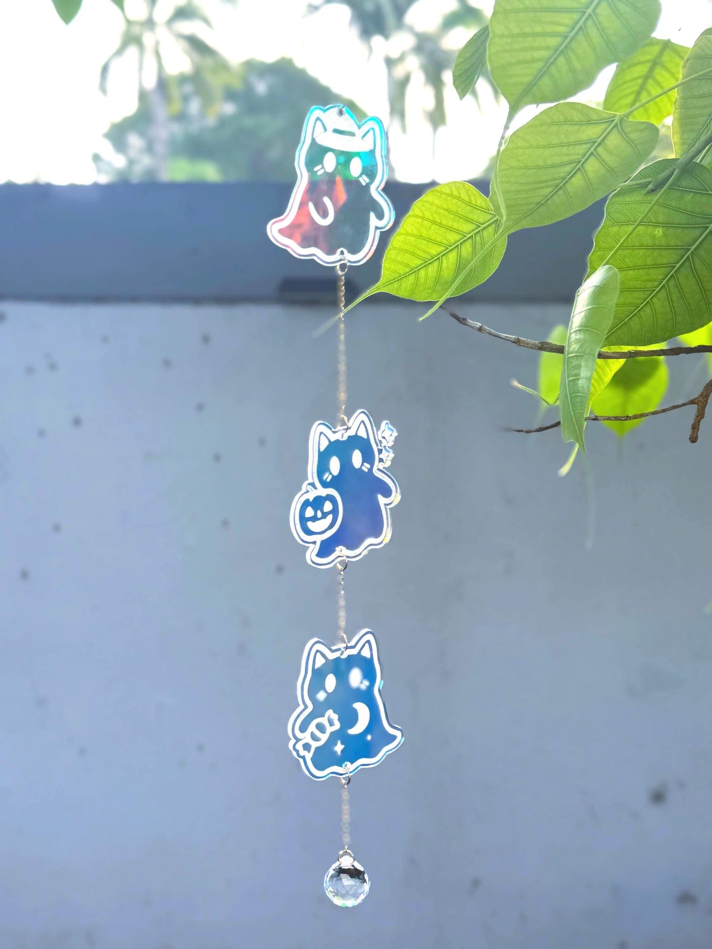 Iridescent Ghost Cat Sun Catcher: Witchy Halloween Window Charm