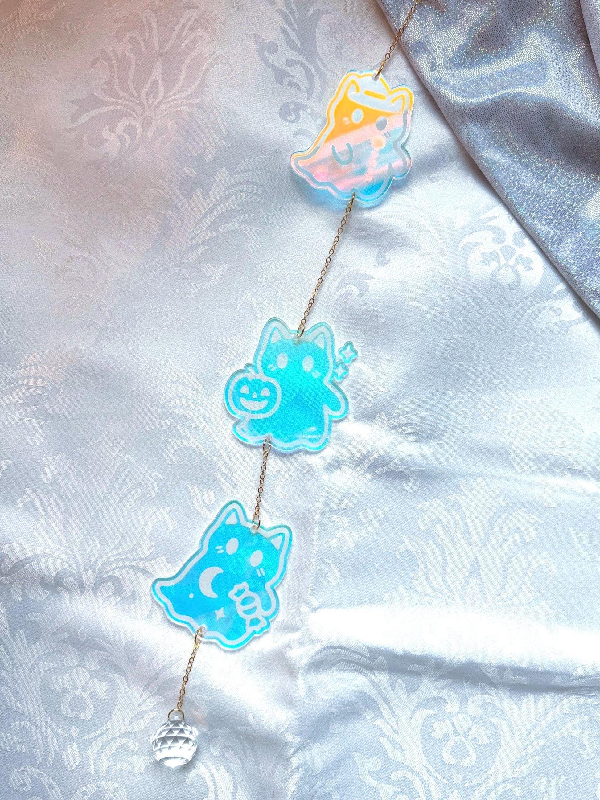 Iridescent Ghost Cat Sun Catcher: Witchy Halloween Window Charm