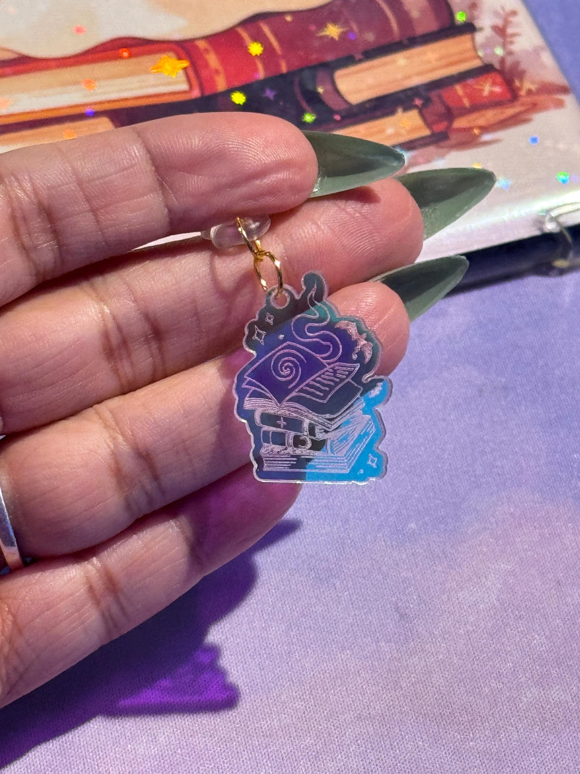 Iridescent Acrylic Book Stack Charm: Kindle & USB-C Phone Decor