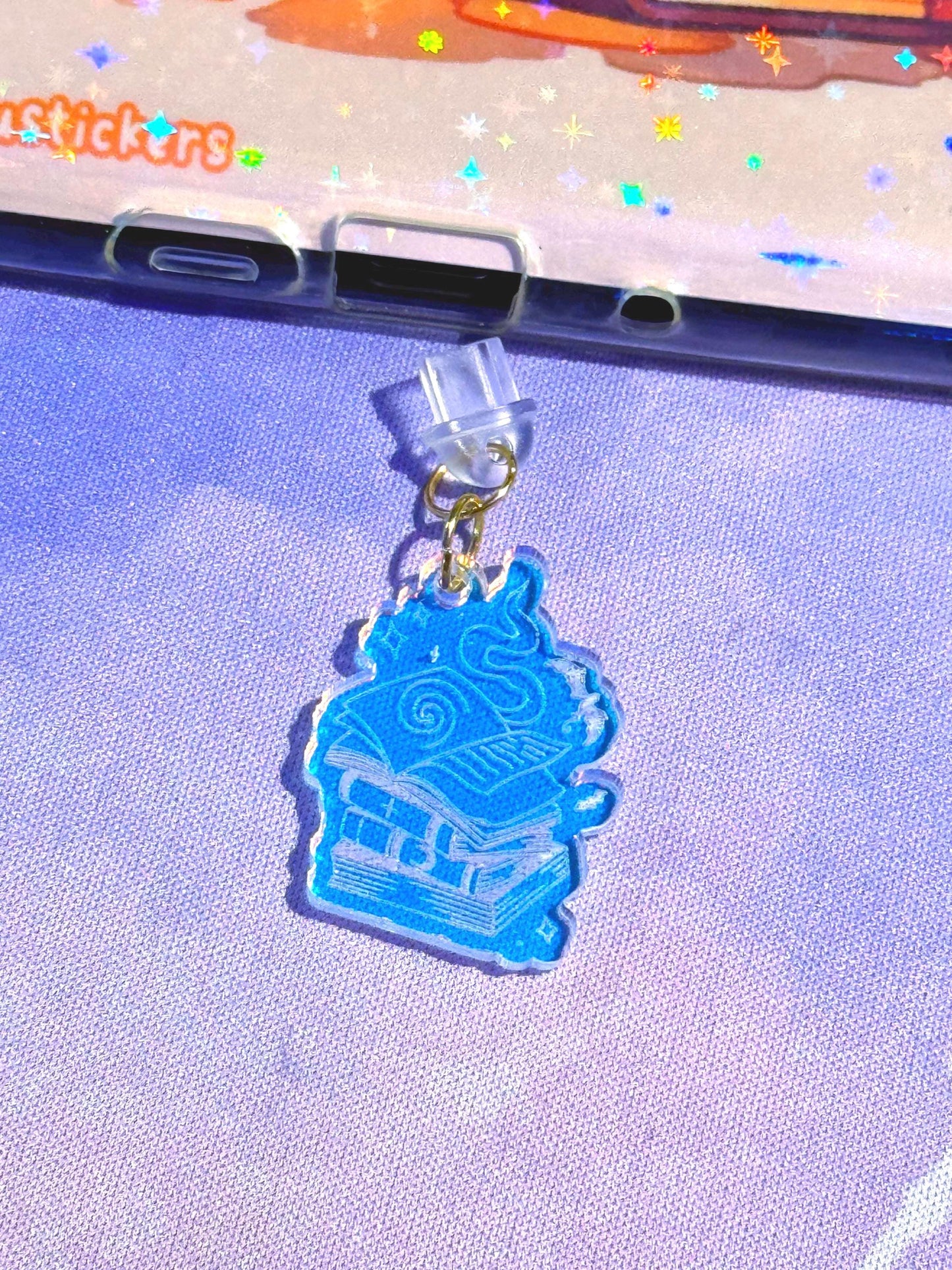 Iridescent Acrylic Book Stack Charm: Kindle & USB-C Phone Decor