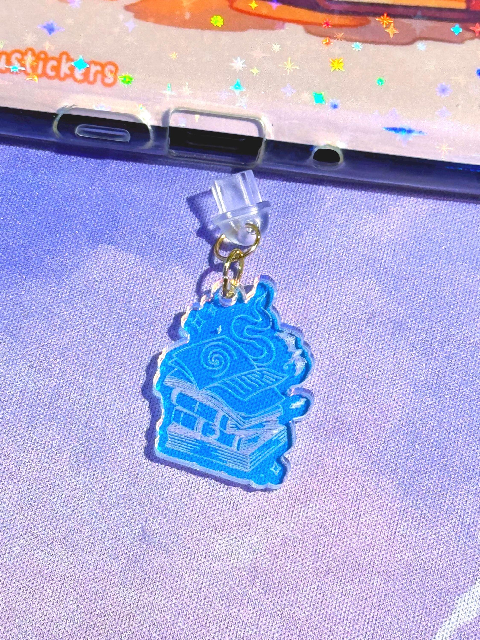 Iridescent Acrylic Book Stack Charm: Kindle & USB-C Phone Decor