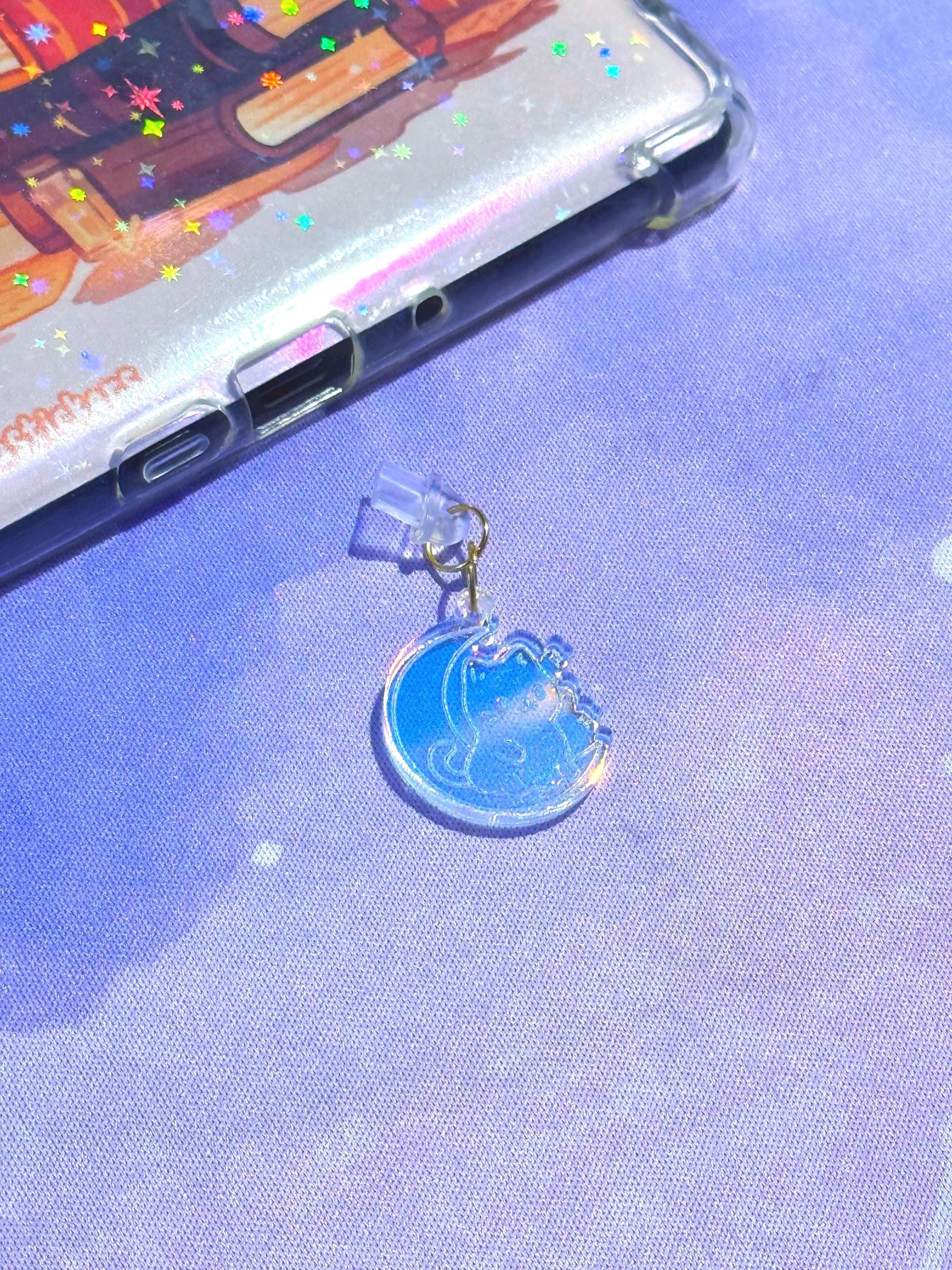 Iridescent Acrylic Cat Moon Charm, Dust Plug Charm for Kindle, Phone, Tablet, USB-C Device Decor, Cute Accessory Gift