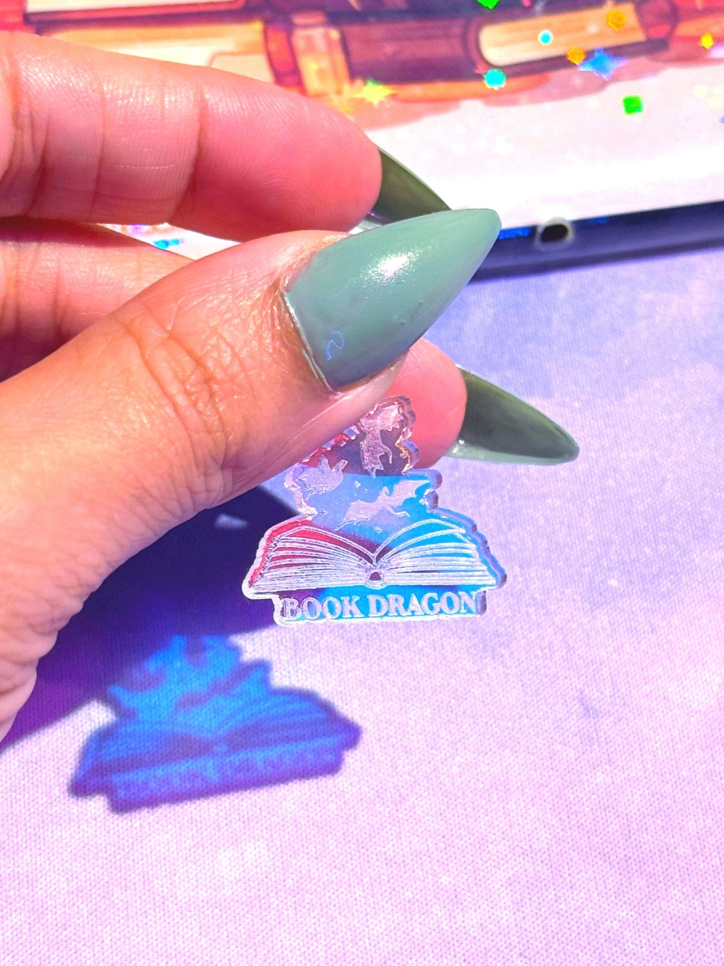 Iridescent Acrylic Book Dragon Charm: Kindle, USB-C Dust Plug