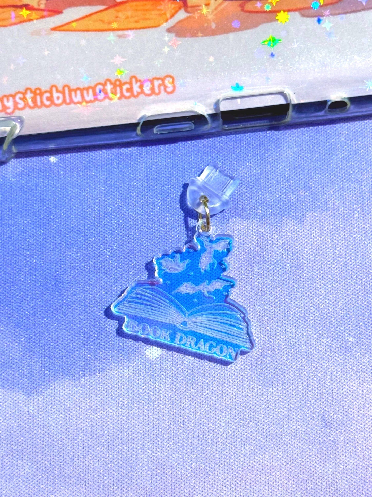 Iridescent Acrylic Book Dragon Charm: Kindle, USB-C Dust Plug