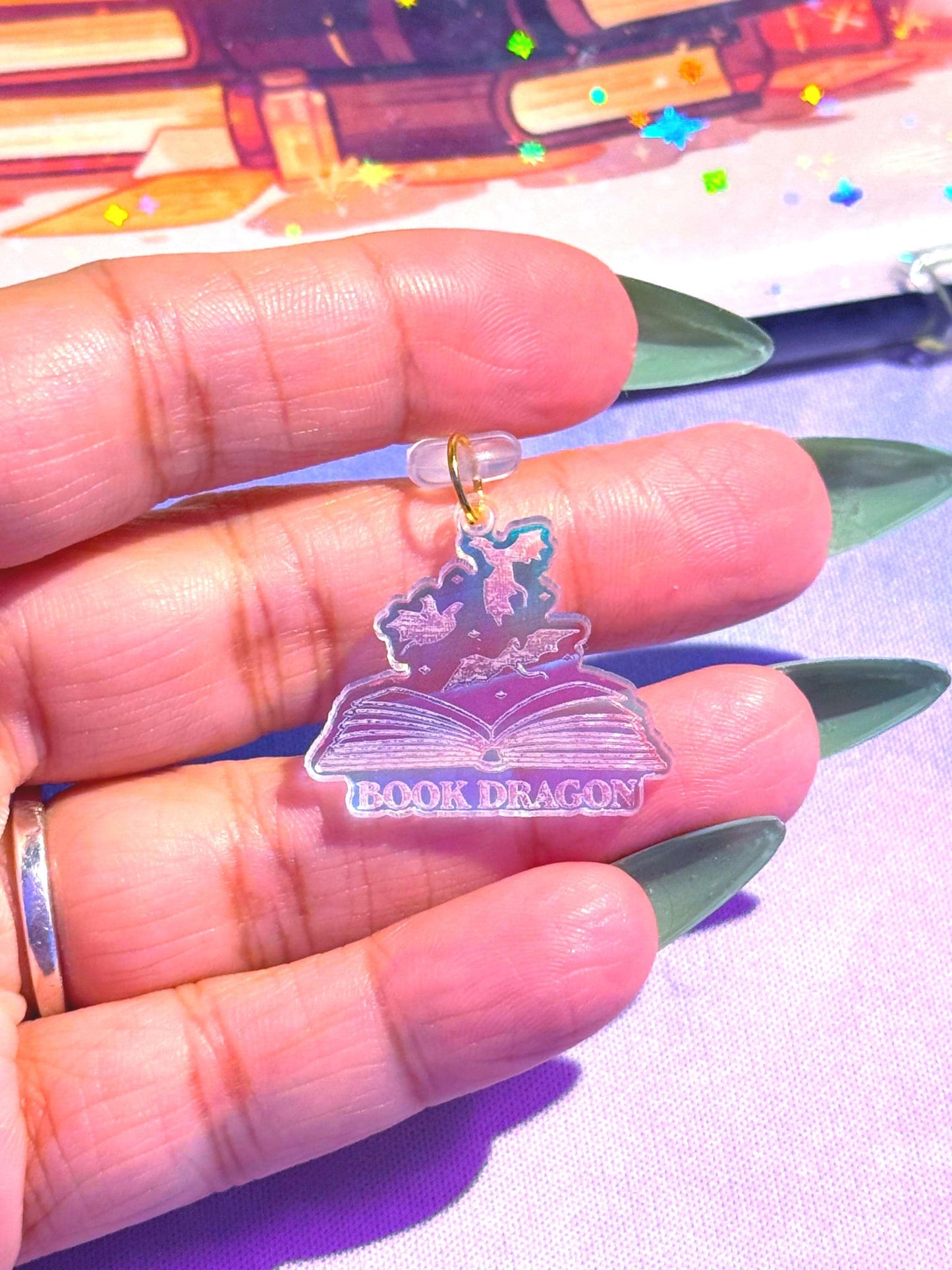 Iridescent Acrylic Book Dragon Charm: Kindle, USB-C Dust Plug