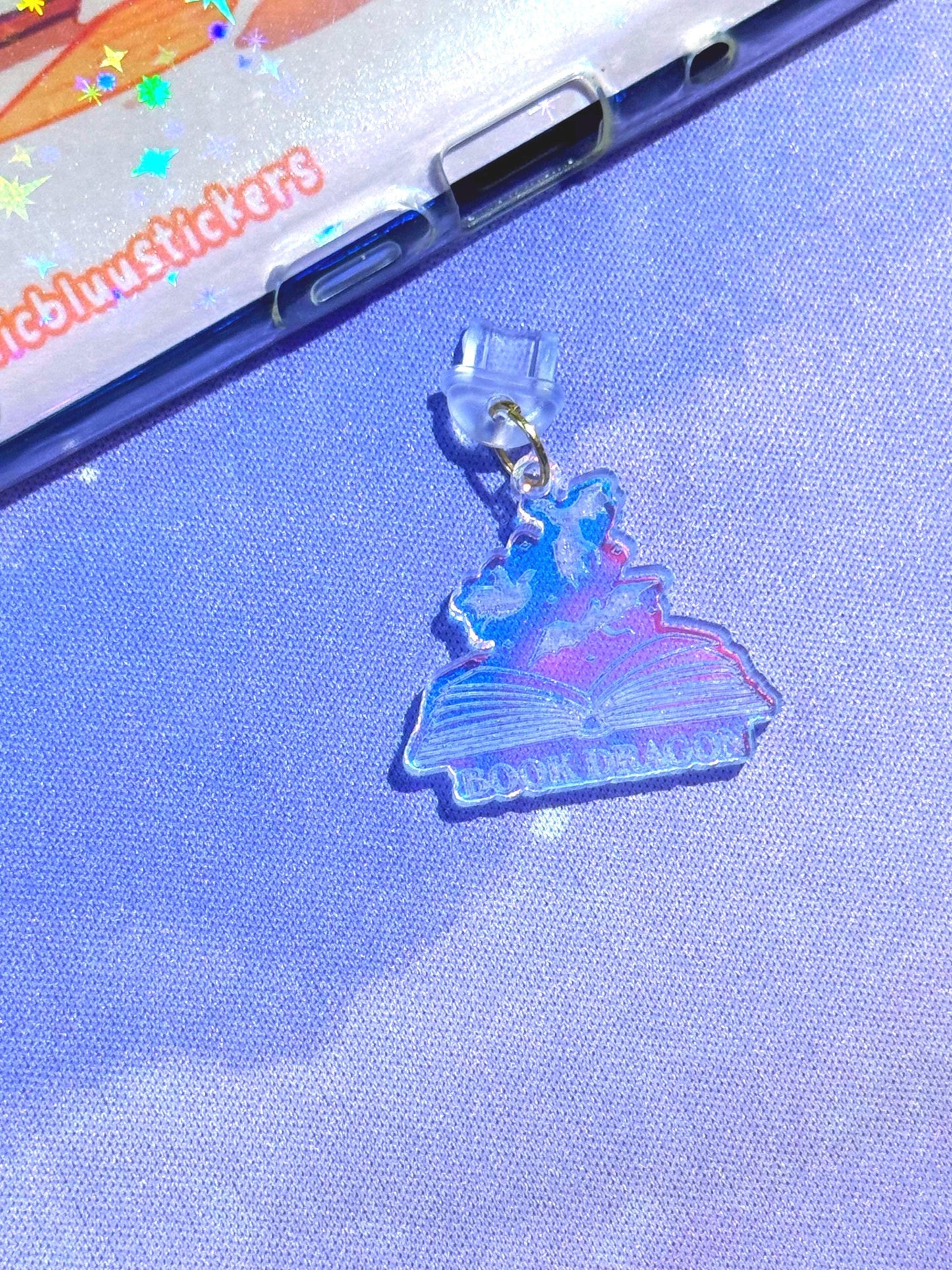 Iridescent Acrylic Book Dragon Charm: Kindle, USB-C Dust Plug