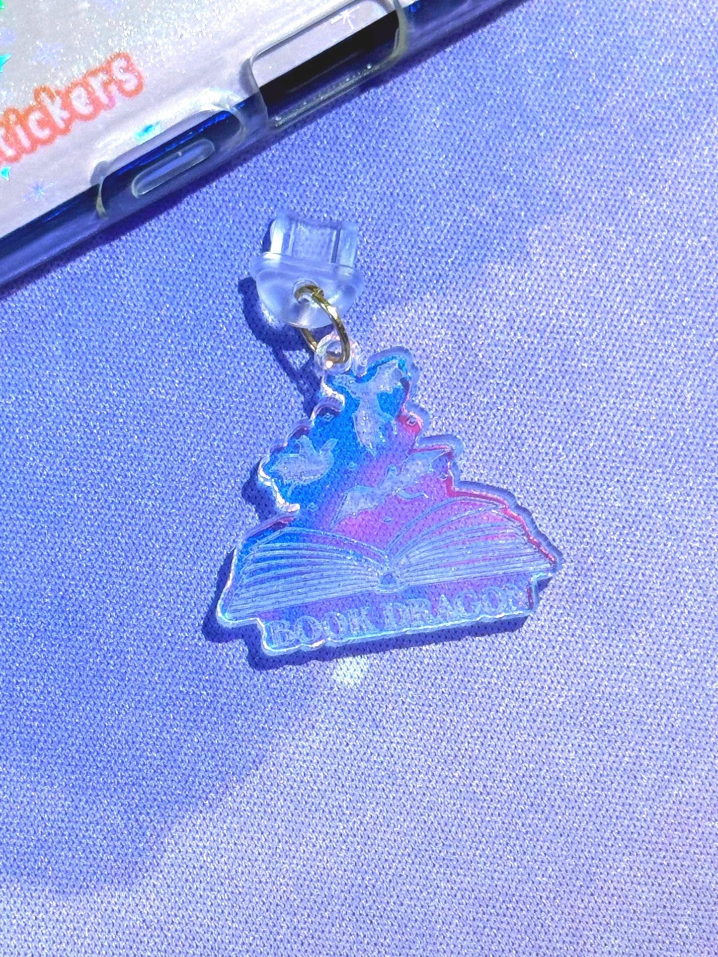 Iridescent Acrylic Book Dragon Charm: Kindle, USB-C Dust Plug