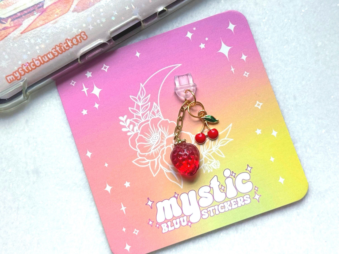 Strawberry and Cherry Dust Plug Charm – Cute Fruit USB-C Phone Charm for Kindle, E-Reader, and Tablets, Soft Girl Aesthetic Bookish Gift