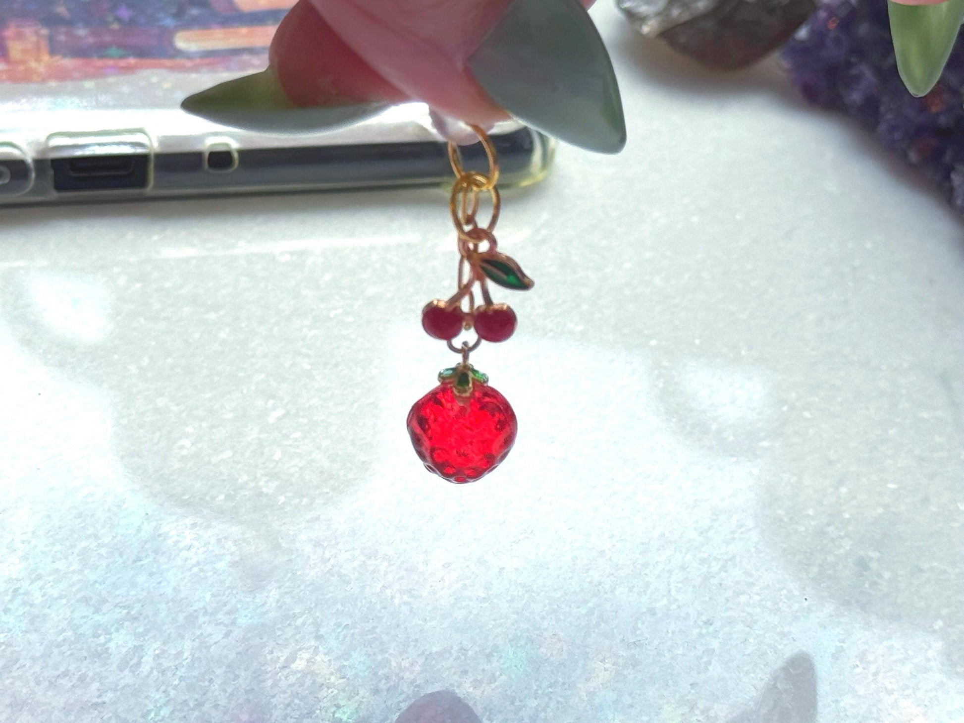 Strawberry and Cherry Dust Plug Charm – Cute Fruit USB-C Phone Charm for Kindle, E-Reader, and Tablets, Soft Girl Aesthetic Bookish Gift